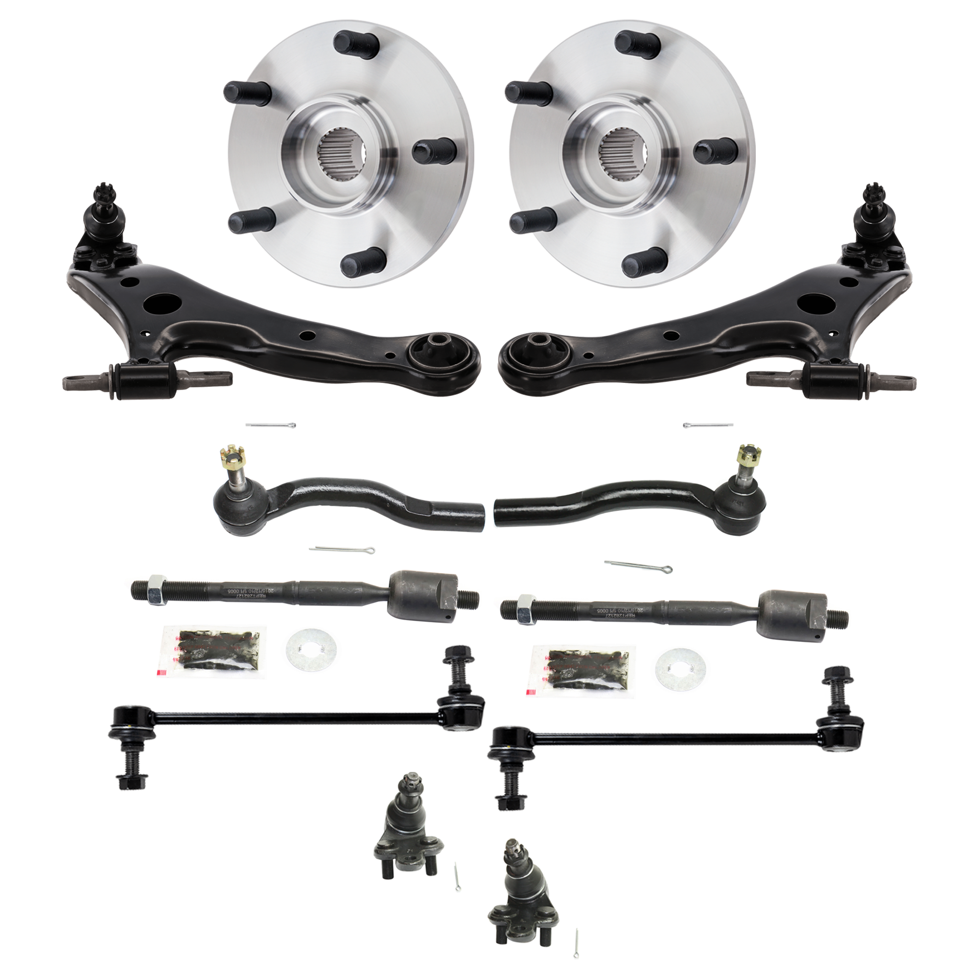 AM CAMRY 02-03 FRONT CONTROL ARM RH AND LH Lower 12 pc Kit w Ball Joint Sway Bar Link Tie Rod End and Wheel Hub SKU KIT 012925 C29 OEM 104308-1014884-2601571-5051303
