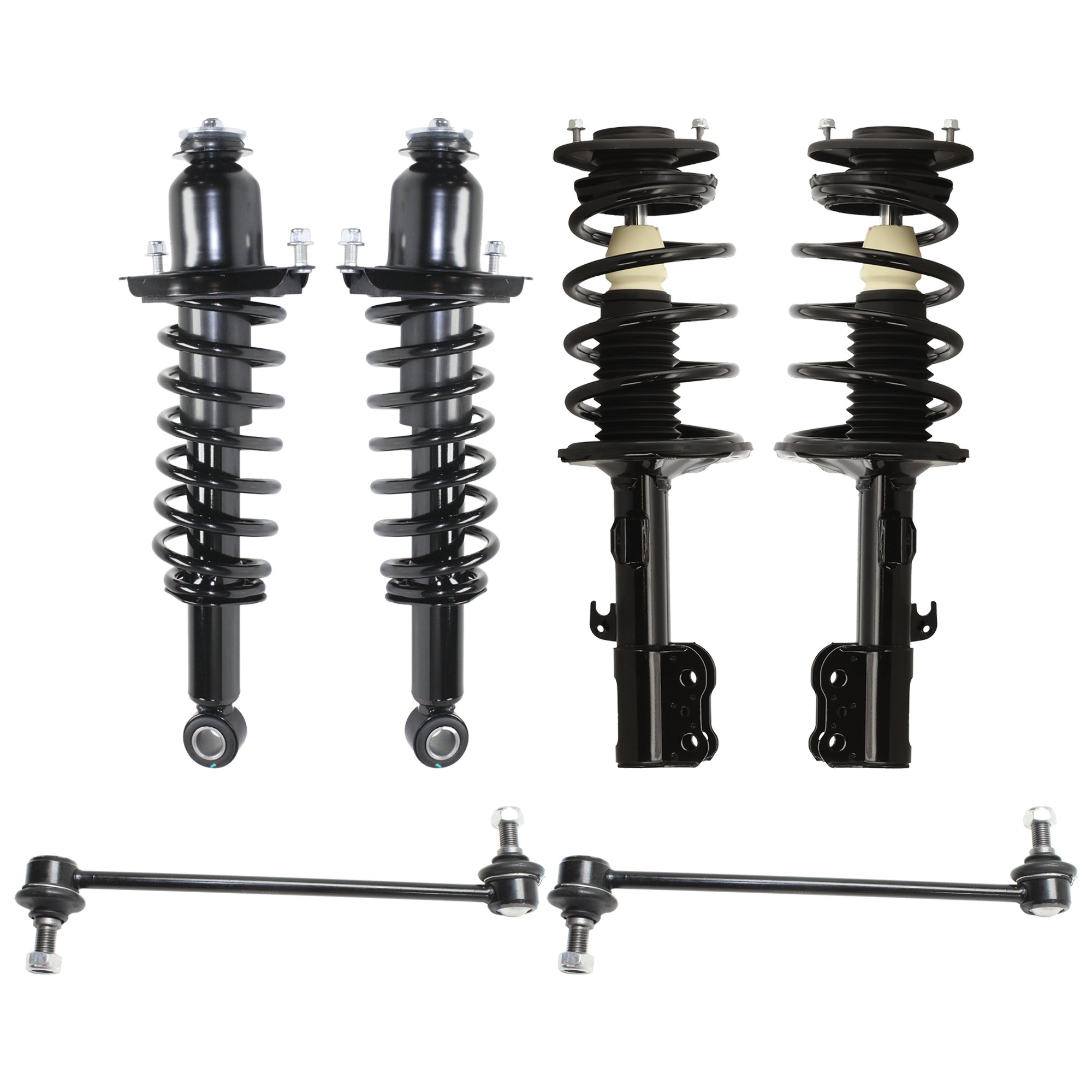 AM COROLLA 03-08 FRONT AND REAR FULLY LOADED STRUT RH AND LH 6 pc Kit Gas Charged Twin tube with Sway Bar Link SKU KIT 012925 C300 OEM 18354-1014908-1880230-2651559