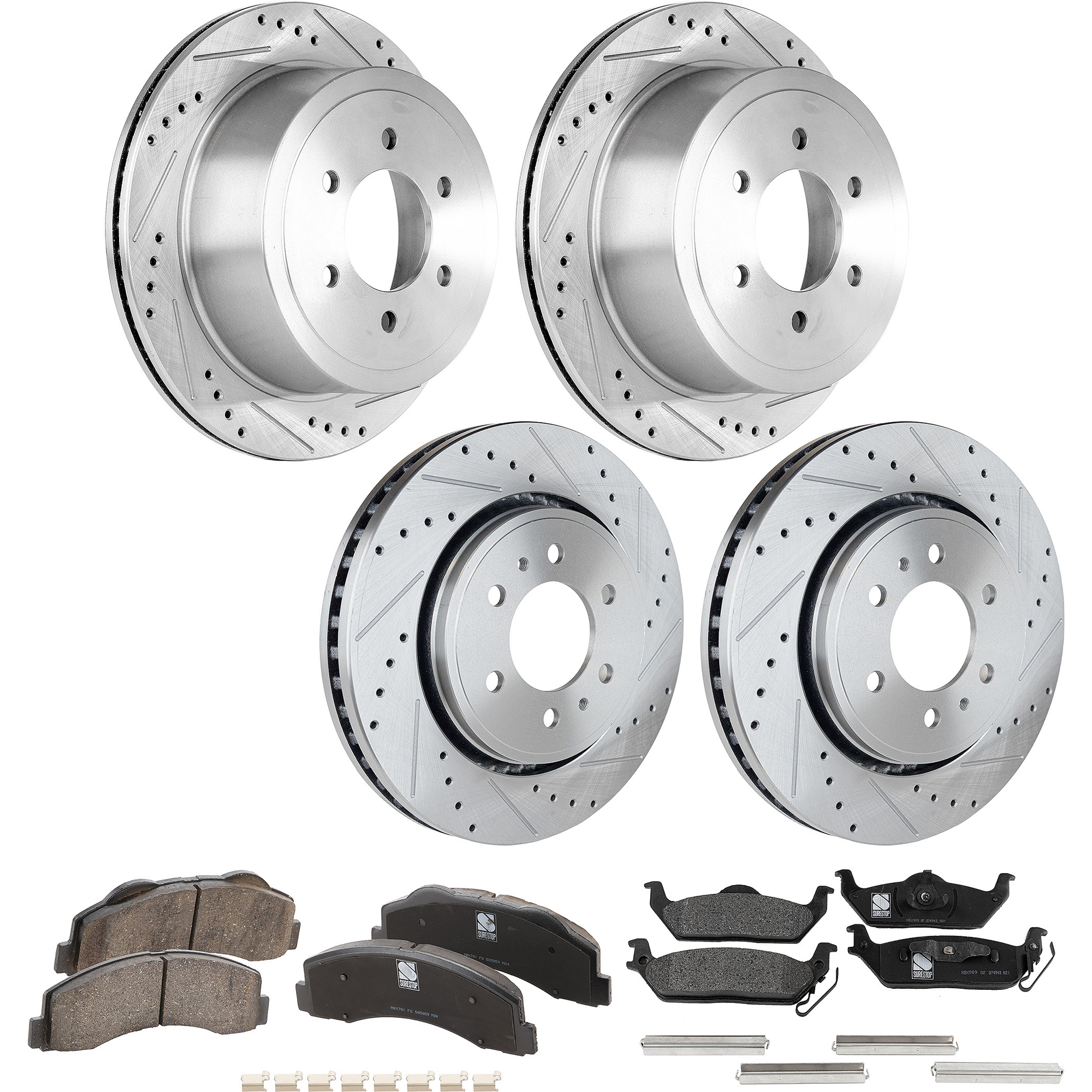 AM F 150-10-11 FRONT AND REAR BRAKE DISC RH AND LH 8 pc kit Cross drilled and Slotted Vented 6 Lugs SKU KIT 012925 C33 OEM 19347-54111-145521-492535