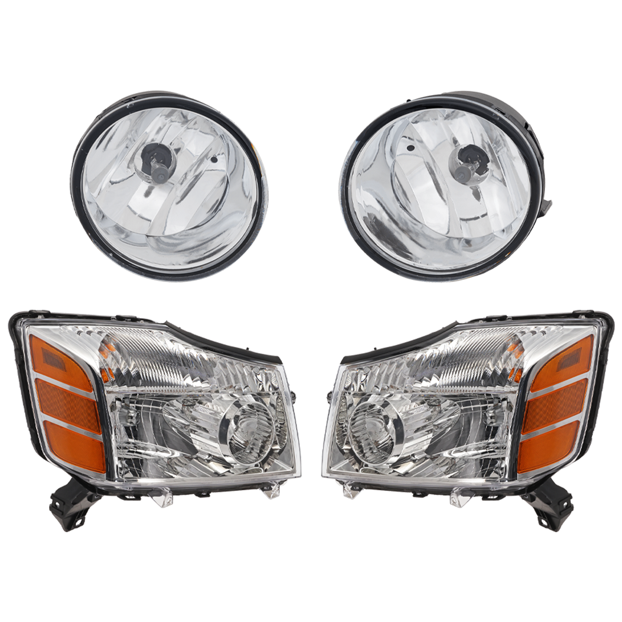 AM ARMADA 05-07 TITAN 04-07 HEAD LAMP RH AND LH Assembly Halogen 4 pc Kit w Fog Lights SKU KIT 012925 C349 Partslink NI2592119 NI2593119 OEM 26150ZE00A 26155ZE00A