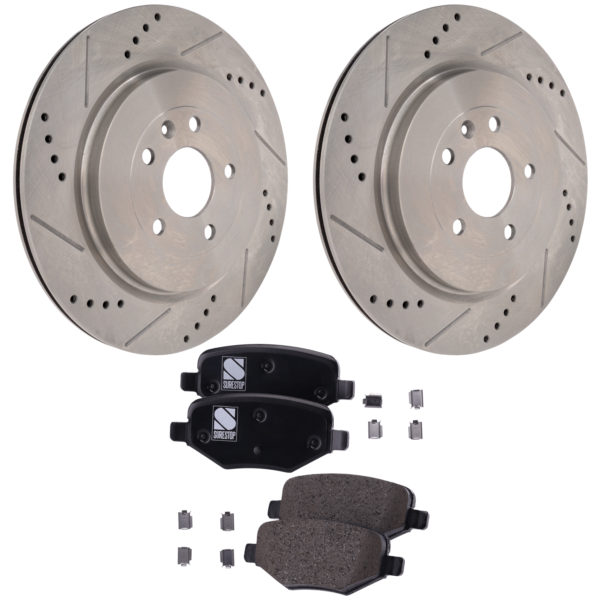 AM FLEX EXPLORER 13-19 REAR BRAKE DISC AND PAD KIT 4 pc Kit Cross drilled and Slotted SKU KIT 012925 C36 OEM 42285-54189-54190-680983-85030