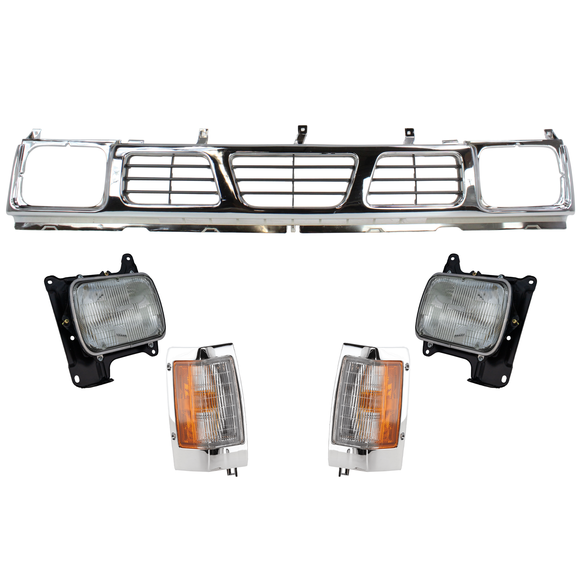 AM D21-93-94 PICKUP 95-97 HEAD LAMP RH AND LH Assembly Sealed Beam Type Halogen 5 pc Kit w Corner Light and Grille Assembly SKU KIT 012925 C422 Partslink NI2550107 NI2551107 NI1200116 OEM B611588G00 B611088G00-6231055G