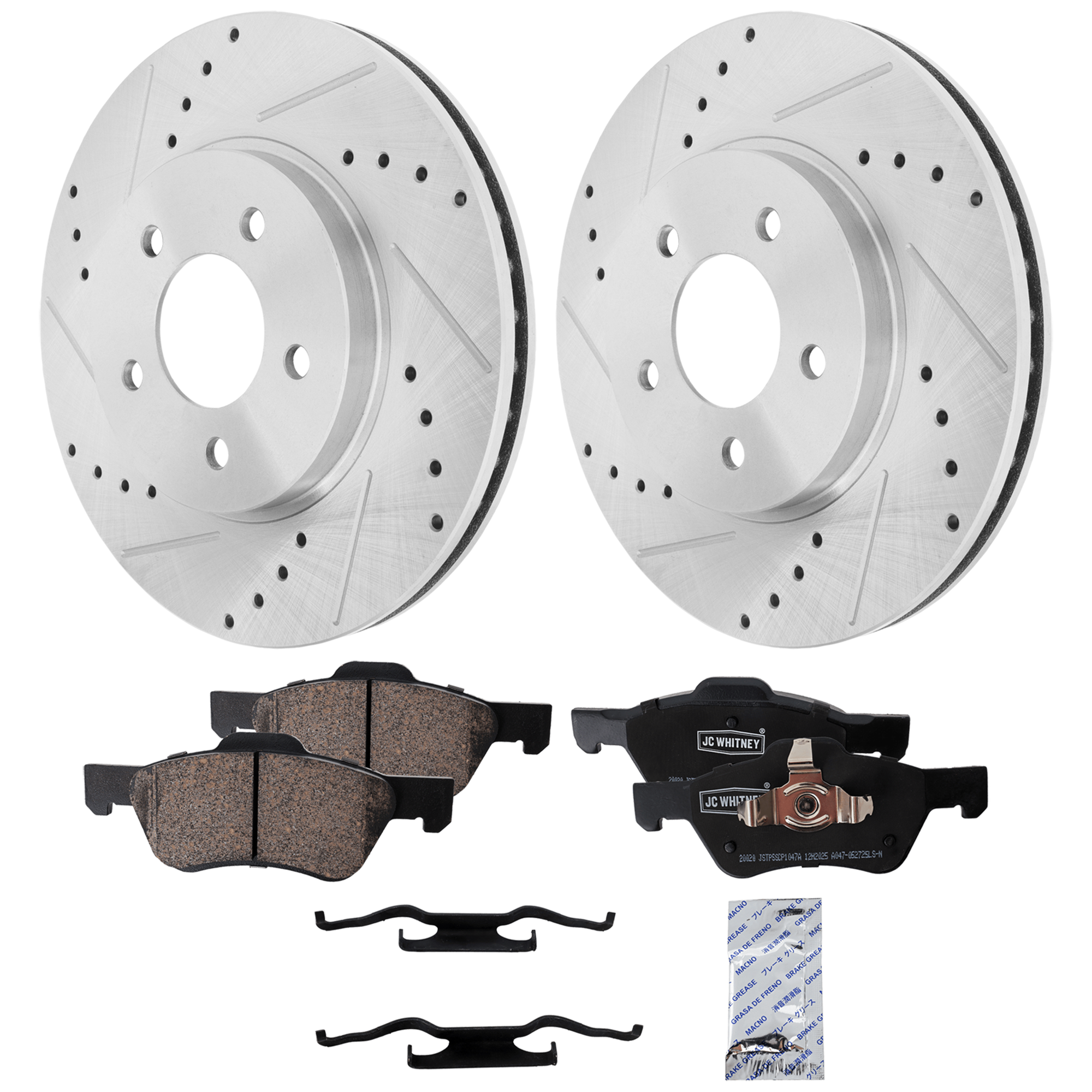 AM ESCAPE 10-12 MARINER 10-11 FRONT BRAKE DISC AND PAD kit 4 pc kit Cross drilled and Slotted SKU KIT 012925 C430 OEM 19360-54123-145583-492595-6802