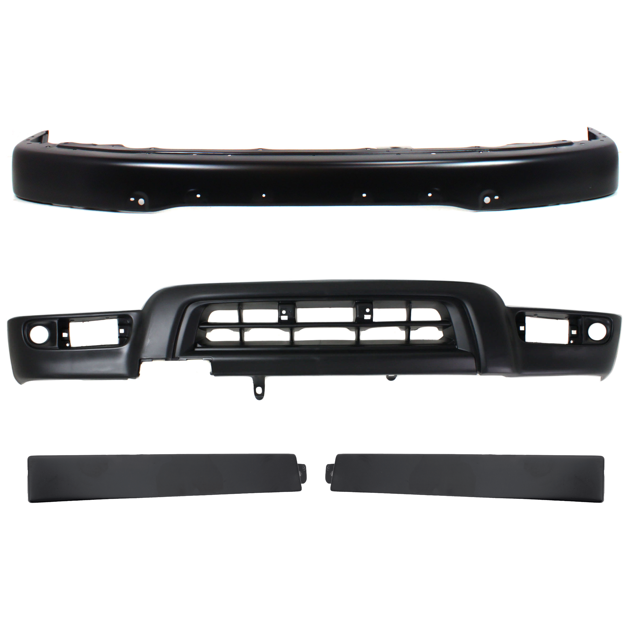 AM 4RUNNER 99-02 FRONT BUMPER Face Bar Black w Fender Flare Holes Base SR5 Limited Models w Sport Pkg. 4 pc Kit w Grille Assembly and Valance SKU KIT 012925 C65 Partslink TO1089103 TO1088103 TO1095181 OEM 5251235030-5251335030-53911359