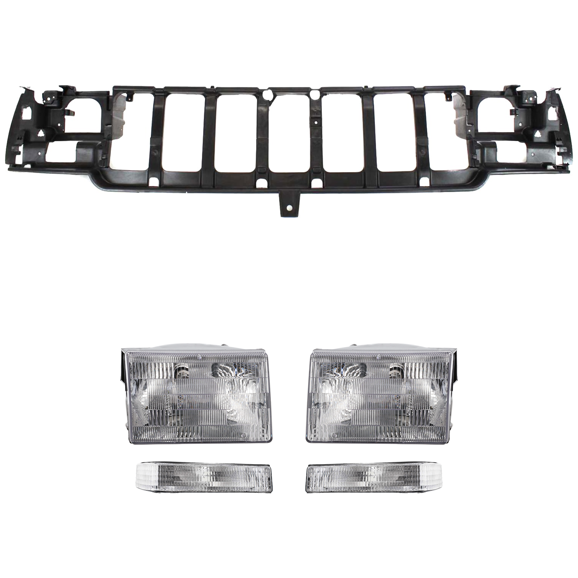 AM GRAND CHEROKEE 97-98 HEADER PANEL 5 pc Kit w Headlight and Turn Signal Light SKU KIT 012925 C66 Partslink CH2502104 CH2503104 CH2521128 CH2520128 OEM 55155127-55055119AB 55155126-5