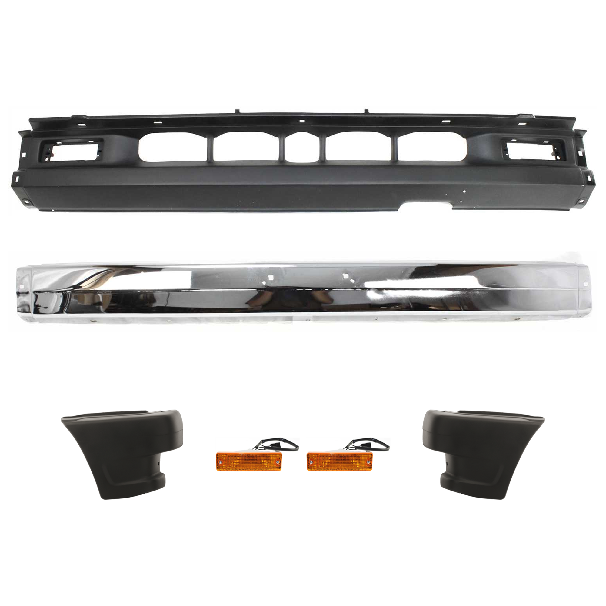 AM B2200 B2600-90-93 FRONT BUMPER Chrome w o Molding Holes RWD 6 pc Kit w Bumper End Turn Signal Light and Valance SKU KIT 012925 C67 Partslink MA1005116 MA1004108 MA2531104 MA1095108 OEM UE5550040A UE5550050A BF675106
