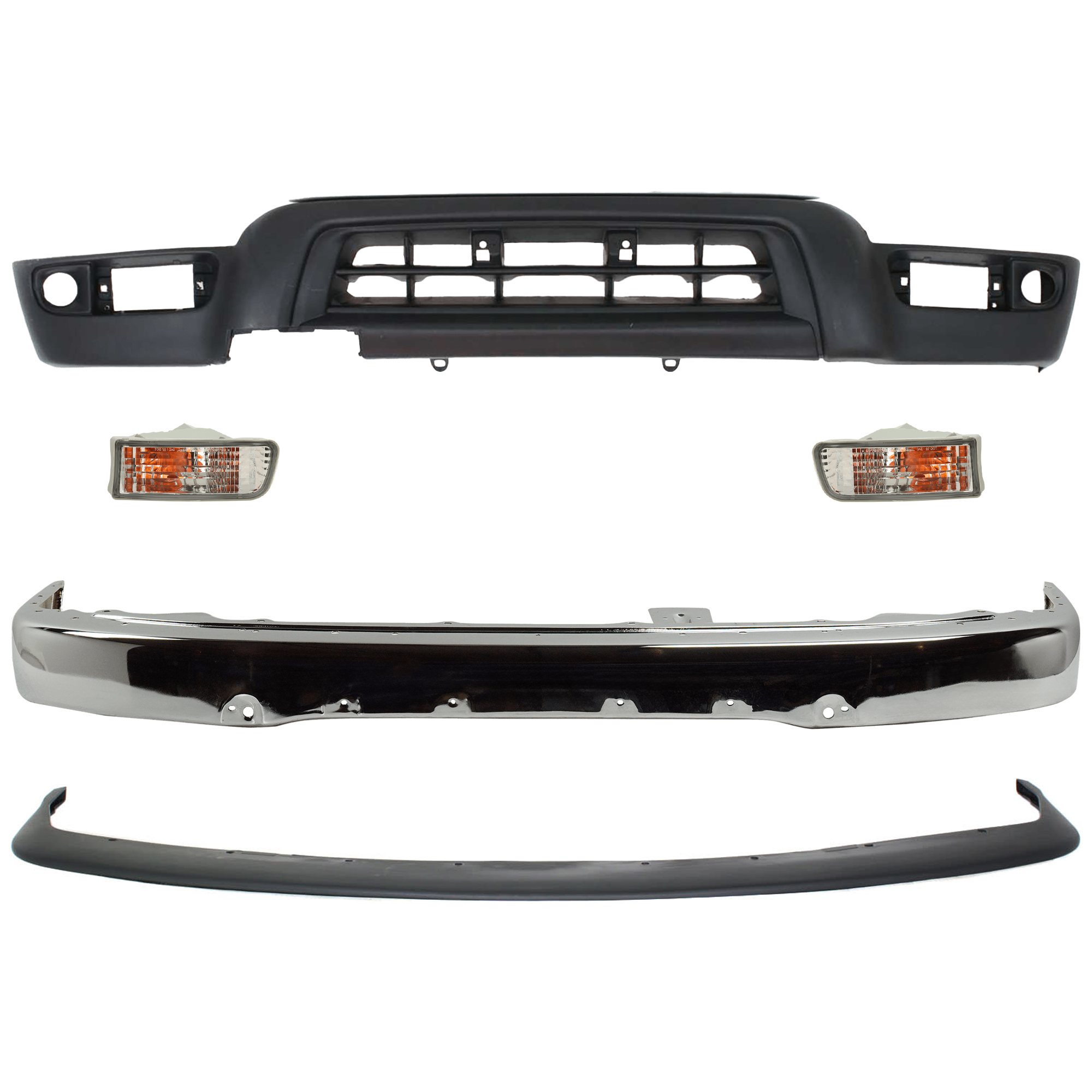 AM 4RUNNER 99-02 FRONT BUMPER Face Bar Chrome Base SR5 Models w o Sport Pkg. 5 pc Kit w Bumper Trim Turn Signal Light and Valance SKU KIT 012925 C68 Partslink TO1087108 TO2530133 TO2531133 TO1095182 OEM 5211935020-8152035250-81510352