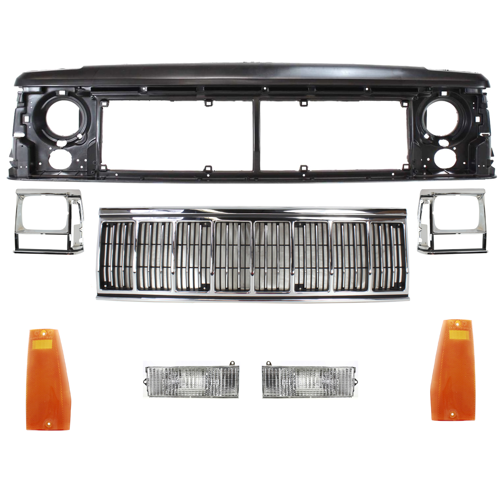 AM CHEROKEE 91-96 HEADER PANEL 8 pc Kit w Grille Assembly Headlight Door Side Marker and Turn Signal Light SKU KIT 012925 C69 Partslink CH1200196 CH2512123 CH2513123 CH2551113 CH2550113 CH2530101 CH2531101 OEM 55034046AB 55034079-55034078-5