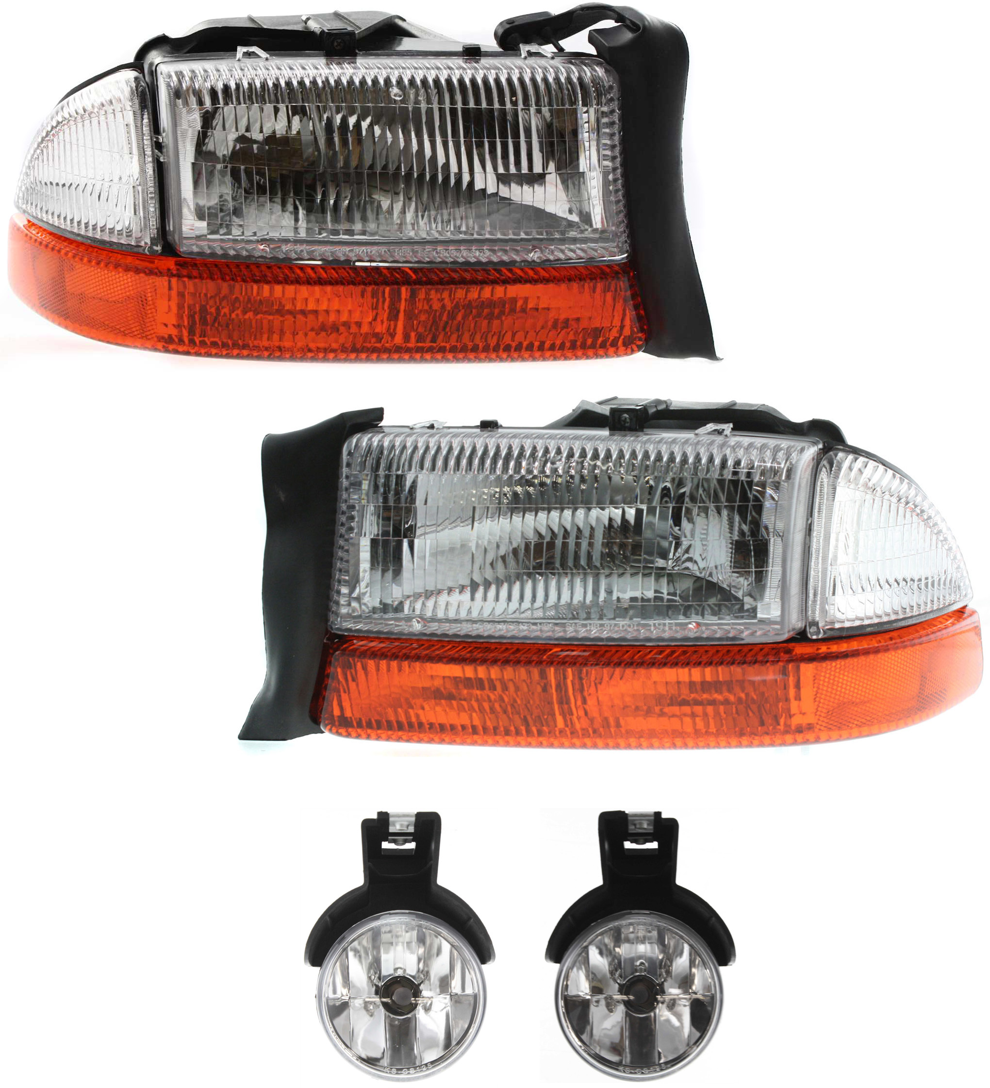 AM DAKOTA 97-00 DURANGO 98-00 HEAD LAMP RH AND LH 4 pc Kit Assembly with Fog Lights SKU KIT 013019-21 Partslink CH2503122 CH2502122 CH2592104 CH2593104 OEM 55055110AI 55055111AI 55076793