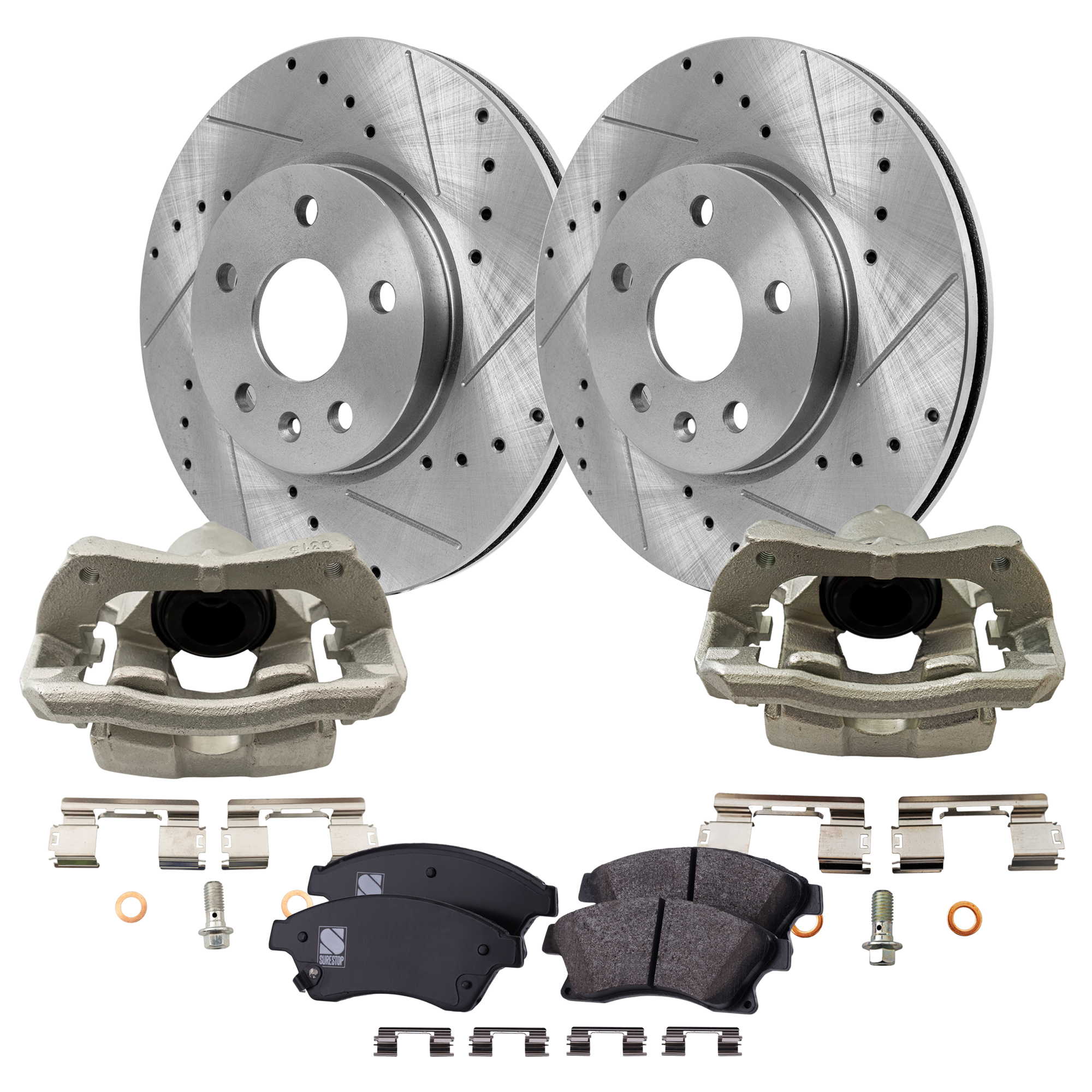 AM CRUZE 11-15 SONIC 12-17 FRONT BRAKE KIT WITH CALIPERS 2 Wheel Set Includes 2 Brake Caliper 2 Brake Disc and 1 Brake Pad Set Cross drilled and Slotted 5 Lugs Cast Iron Organic SKU KIT 013025-06 OEM 41271-55185-850231-886207-9009