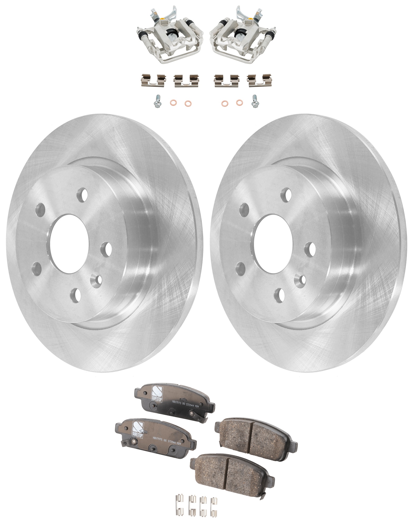 AM ENCORE 13-17 SONIC 13-16 REAR BRAKE KIT WITH CALIPERS 2 Wheel Set Includes 2 Brake Caliper 2 Brake Disc and 1 Brake Pad Set Plain Surface 5 Lugs Cast Iron Ceramic SKU KIT 013025-08 OEM 41272-55199-850232-886208-9009