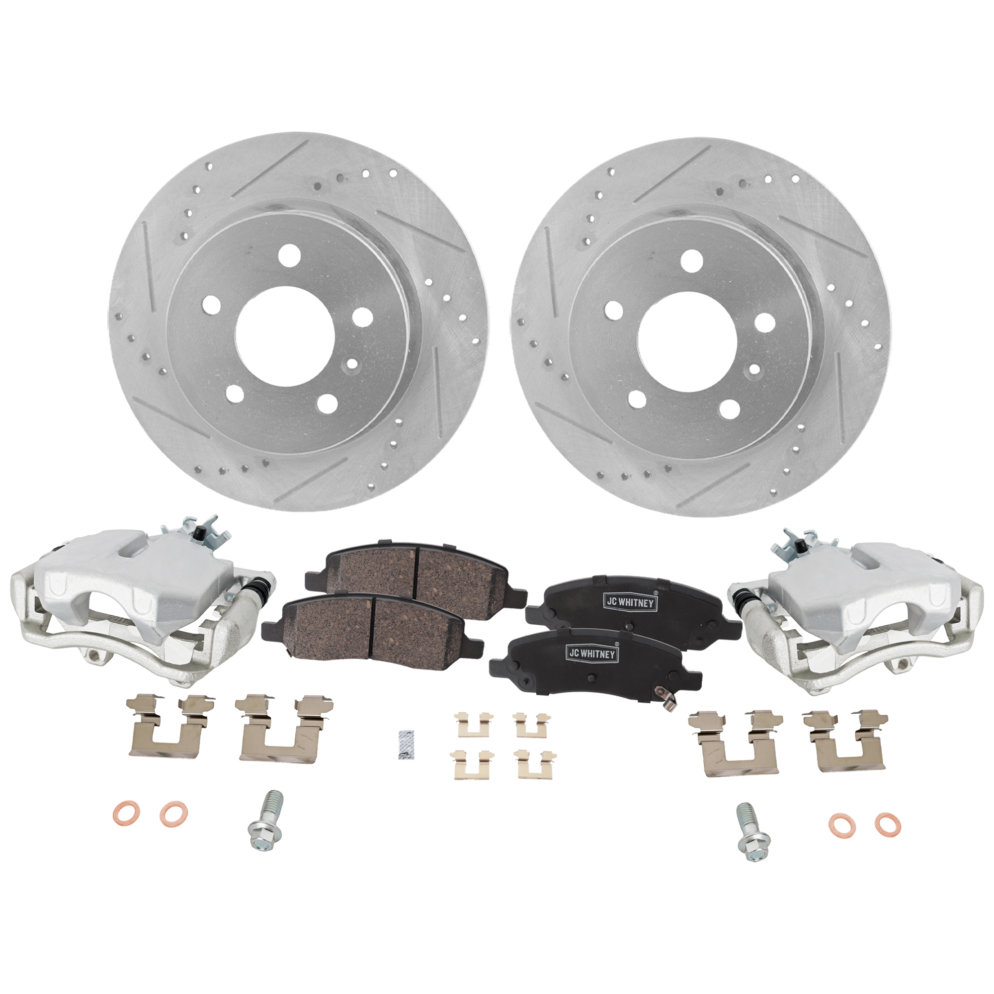 AM DTS LUCERNE 06-11 REAR BRAKE KIT WITH CALIPERS 2 Wheel Set Includes 2 Brake Caliper 2 Brake Disc and 1 Brake Pad Set Cross drilled and Slotted Ceramic SKU KIT 013025-11 OEM 41219-55127-60286-580405-90027