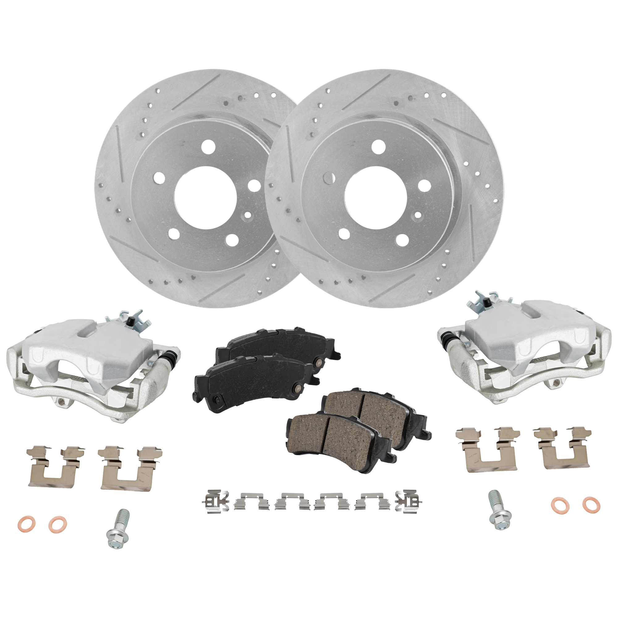 AM DTS 06-11 REAR BRAKE KIT WITH CALIPERS 2 Wheel Set Includes 2 Brake Caliper 2 Brake Disc and 1 Brake Pad Set Cross drilled and Slotted Ceramic SKU KIT 013025-12 OEM 21993763-21993764-41219-55127