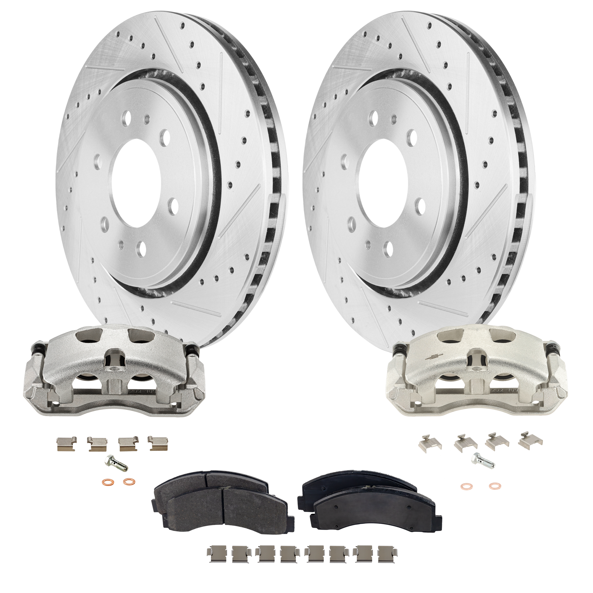 AM EXPEDITION 18-20 NAVIGATOR 18-21 FRONT BRAKE KIT WITH CALIPERS 2 Wheel Set Includes 2 Brake Caliper 2 Brake Disc and 1 Brake Pad Set Cross drilled and Slotted 6 Lugs Semi Metallic SKU KIT 013025-21 OEM 42251-54153-60410-900368-90084