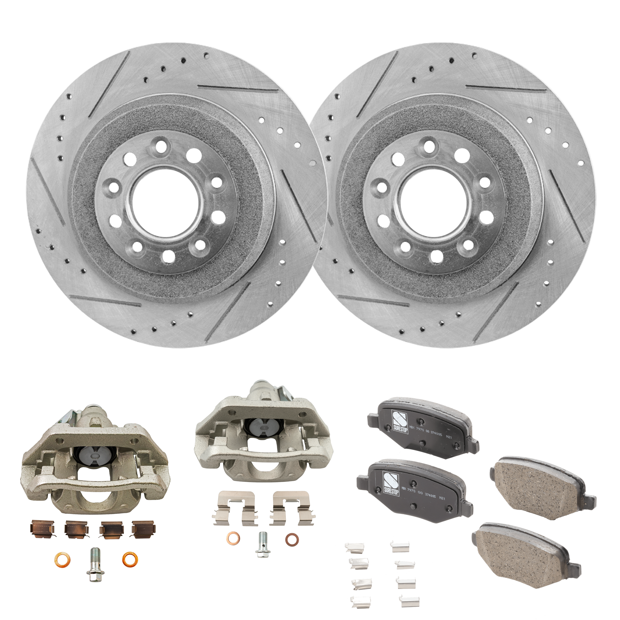 AM EXPLORER 15-19 TAURUS 16-19 REAR BRAKE KIT WITH CALIPERS 2 Wheel Set Includes 2 Brake Caliper 2 Brake Disc and 1 Brake Pad Set Cross drilled and Slotted 5 Lugs Ceramic SKU KIT 013025-24 OEM 19362-42146-42266-54125-54165