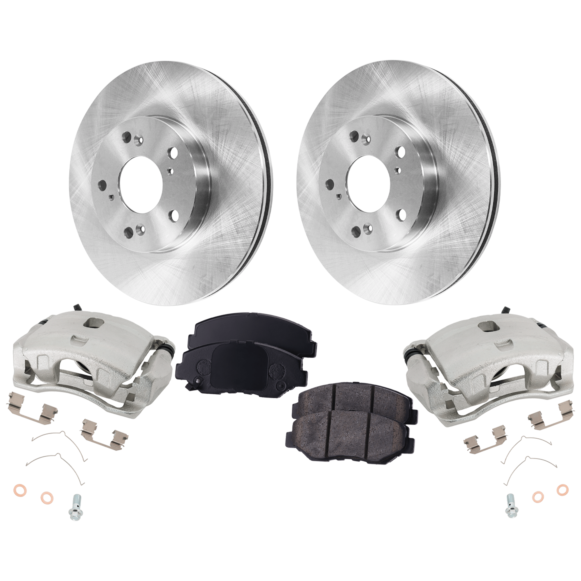 AM CR V 02-04 FRONT BRAKE KIT WITH CALIPERS 2 Wheel Set Includes 2 Brake Caliper 2 Brake Disc and 1 Brake Pad Set Plain Surface 5 Lugs Cast Iron Ceramic SKU KIT 013025-26 OEM 45251S87A00-45022S9AA01-45022S
