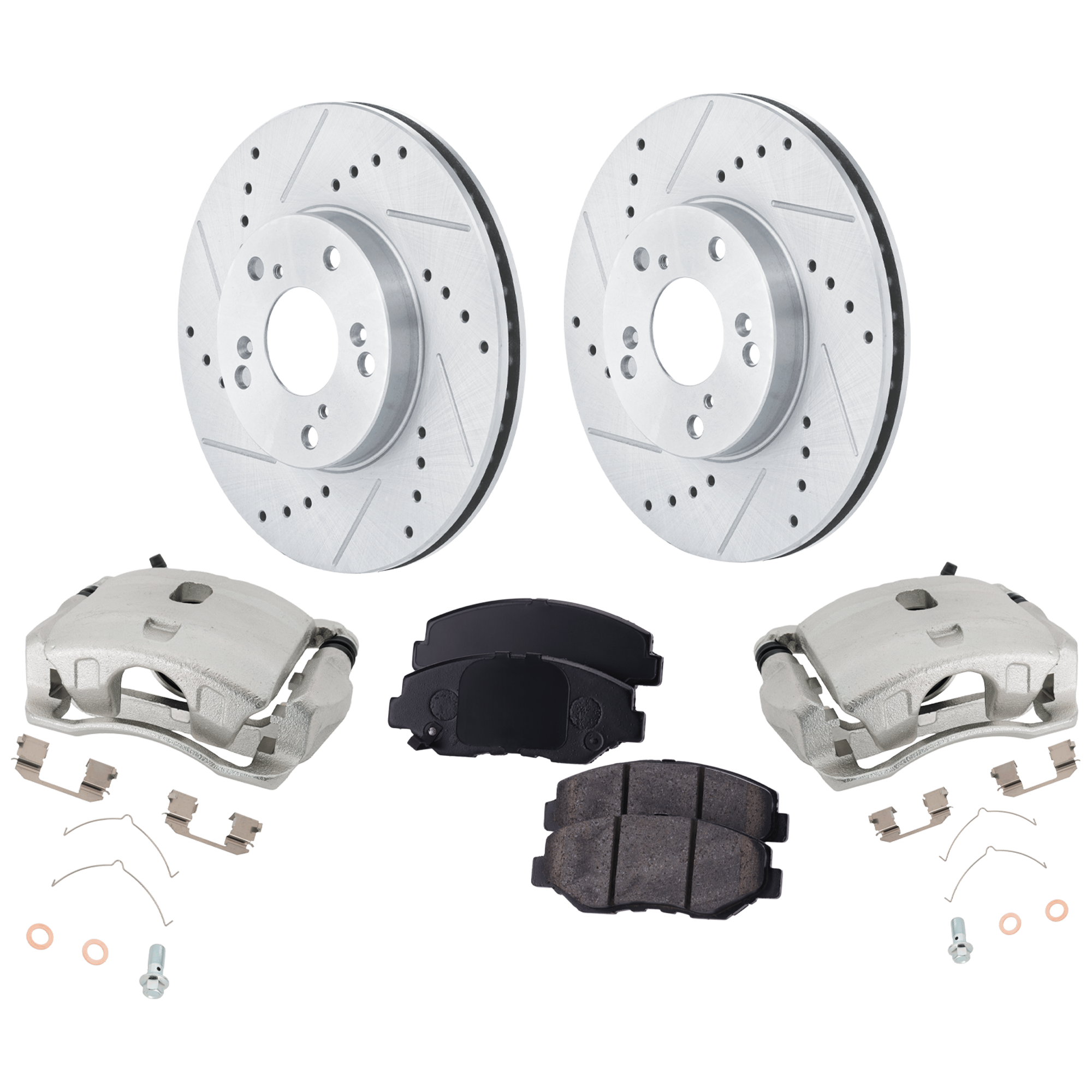 AM CR V 02-04 FRONT BRAKE KIT WITH CALIPERS 2 Wheel Set Includes 2 Brake Caliper 2 Brake Disc and 1 Brake Pad Set Cross drilled and Slotted 5 Lugs Cast Iron Ceramic SKU KIT 013025-27 OEM 19896-31257-31305-44774-96