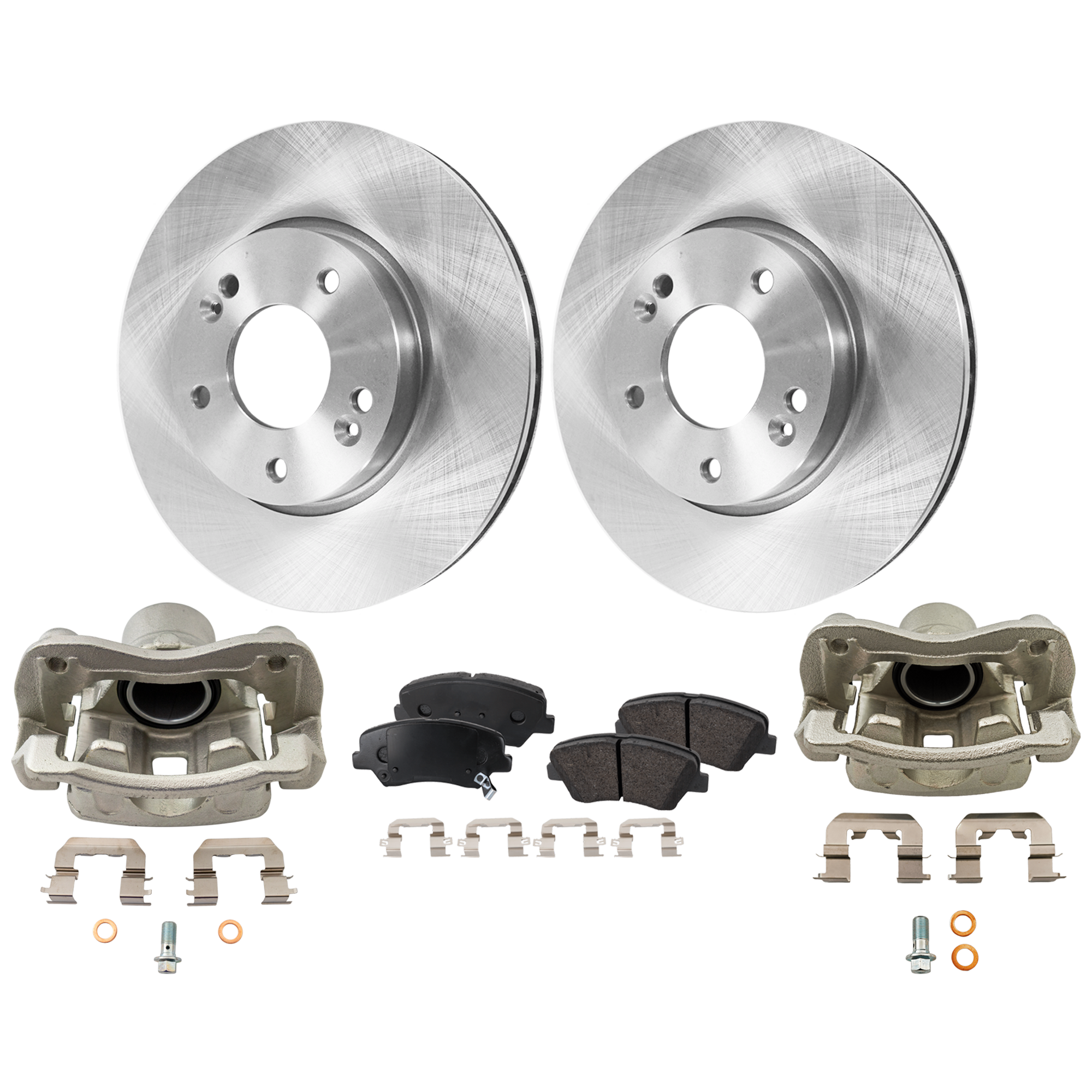 AM ELANTRA 13-16 ELANTRA COUPE 14-14 FRONT BRAKE KIT WITH CALIPERS 2 Wheel Set Includes 2 Brake Caliper 2 Brake Disc and 1 Brake Pad Set Plain Surface 5 Lugs Cast Iron SKU KIT 013025-30 OEM 581803XA00-581903XA10-581903XA