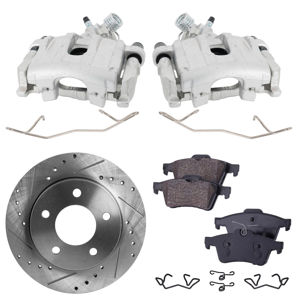 AM MAZDA 3-06-09 REAR BRAKE KIT WITH CALIPERS 2 Wheel Set Includes 2 Brake Caliper 2 Brake Disc and 1 Brake Pad Set Cross drilled and Slotted 5 Lugs Cast Iron Organic SKU KIT 013025-41 OEM 31365-0833058-980285-48880285