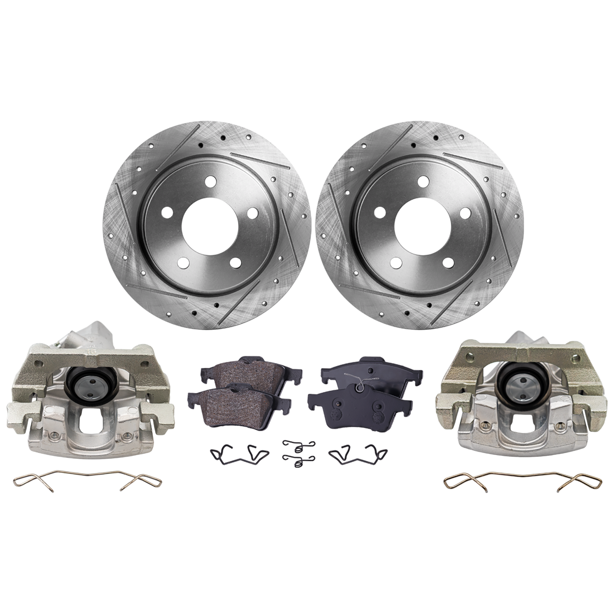 AM MAZDA 3-04-08 REAR BRAKE KIT WITH CALIPERS 2 Wheel Set Includes 2 Brake Caliper 2 Brake Disc and 1 Brake Pad Set Cross drilled and Slotted 5 Lugs Cast Iron Organic SKU KIT 013025-49 OEM 31366-48880287-60080040-31366G