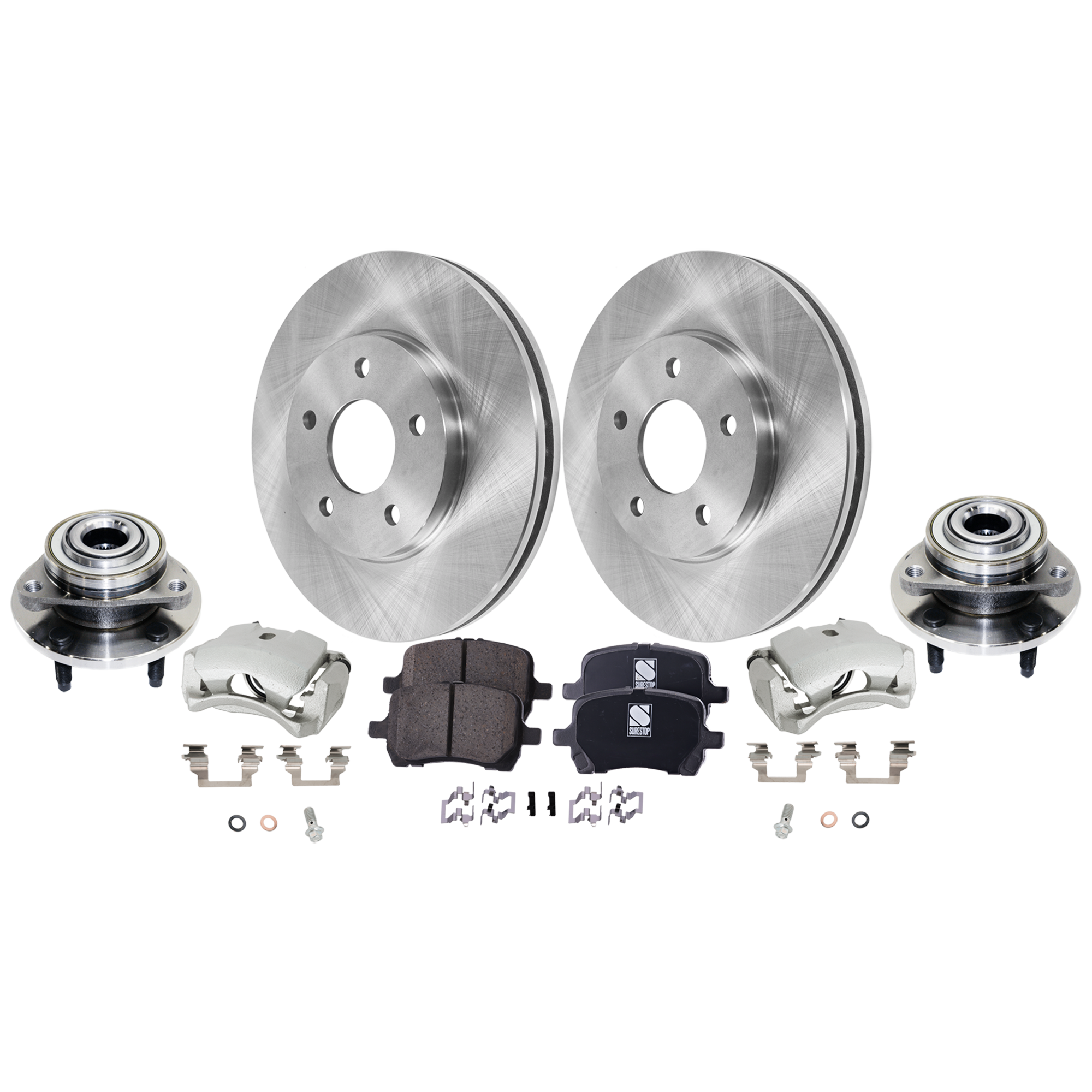 AM HHR 06-08 FRONT BRAKE KIT WITH CALIPERS 2 Wheel Set Includes 2 Brake Caliper 2 Brake Disc 1 Brake Pad Set and 2 Wheel Hub Plain Surface 5 Lugs Cast Iron Ceramic SKU KIT 013025-51 OEM 22728988-15243704-15808204-228