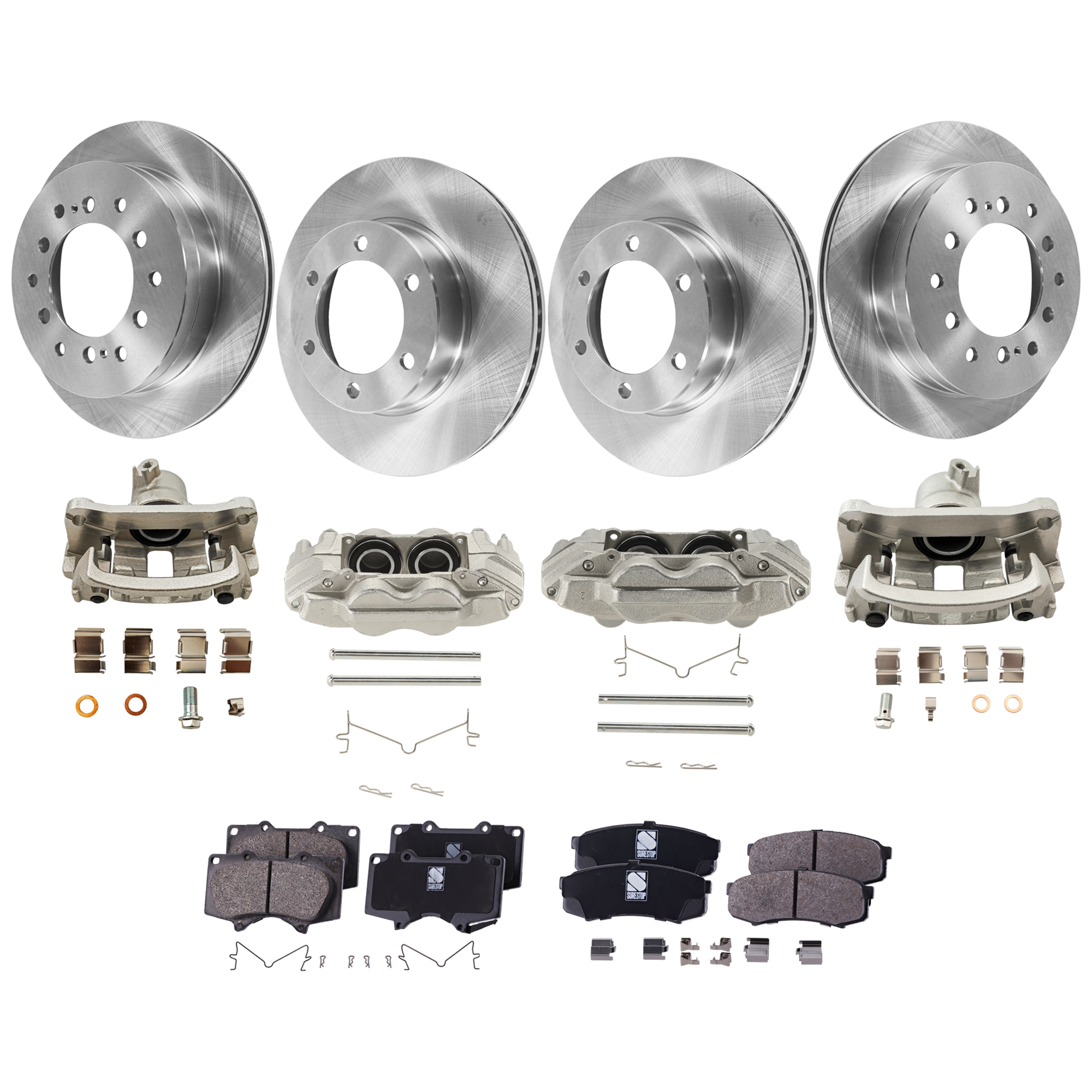 AM SEQUOIA 03-07 FRONT AND REAR BRAKE KIT WITH CALIPERS 4 Wheel Set Includes 4 Brake Caliper 4 Brake Disc and 2 Brake Pad Set Plain Surface 6 Lugs Cast Iron Ceramic Pad Material SKU KIT 013025-55 OEM 4775034030-4773034030-477300C0
