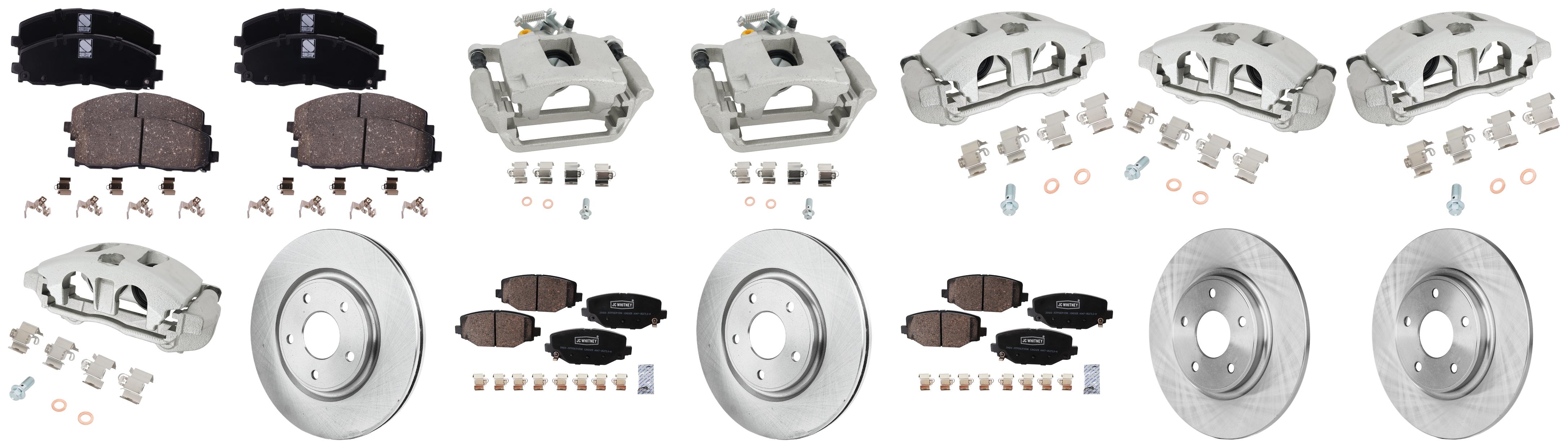 AM GRAND CARAVAN 12-20 TOWN COUNTRY 12-16 FRONT AND REAR BRAKE KIT WITH CALIPERS 4 Wheel Set Includes 4 Brake Caliper 4 Brake Disc and 2 Brake Pad Set Plain Surface 5 Lugs Cast Iron Ceram SKU KIT 013025-58 OEM 43179-53068-780964-850313-6004