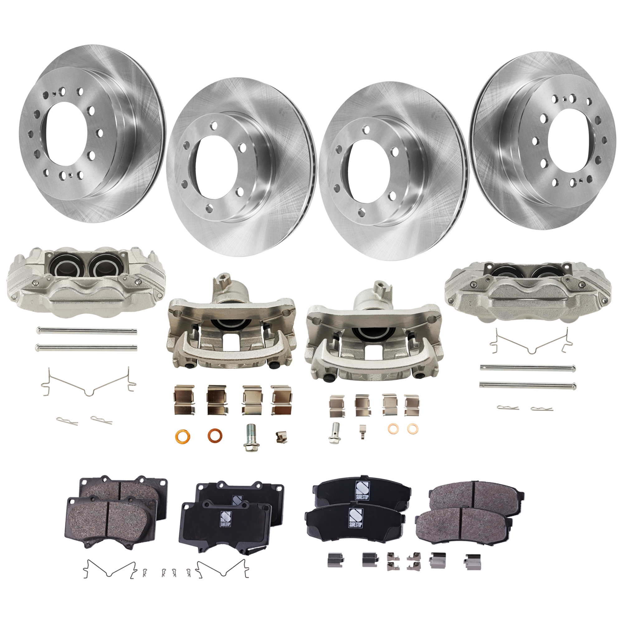 AM SEQUOIA 03-07 FRONT AND REAR BRAKE KIT WITH CALIPERS 4 Wheel Set Includes 4 Brake Caliper 4 Brake Disc and 2 Brake Pad Set Plain Surface 6 Lugs Cast Iron Ceramic Pad Material SKU KIT 013025-67 OEM 4775034030-4773034030-477300C0