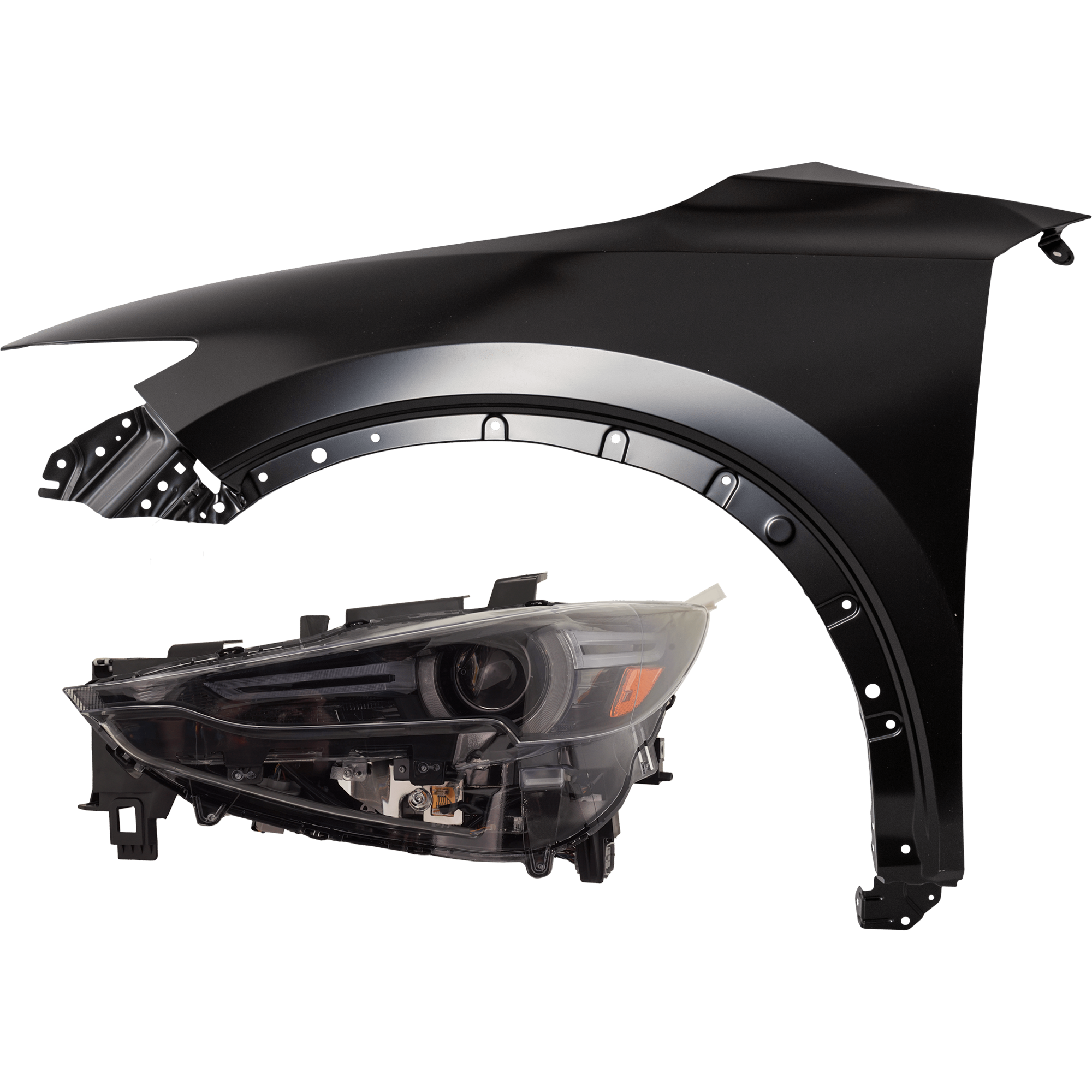 AM CX 5-17-20 HEAD LAMP LH 2 pc Kit includes Driver Side Fender SKU KIT 013026-04 Partslink MA1240179 OEM KB7W52211 KL2L51041C