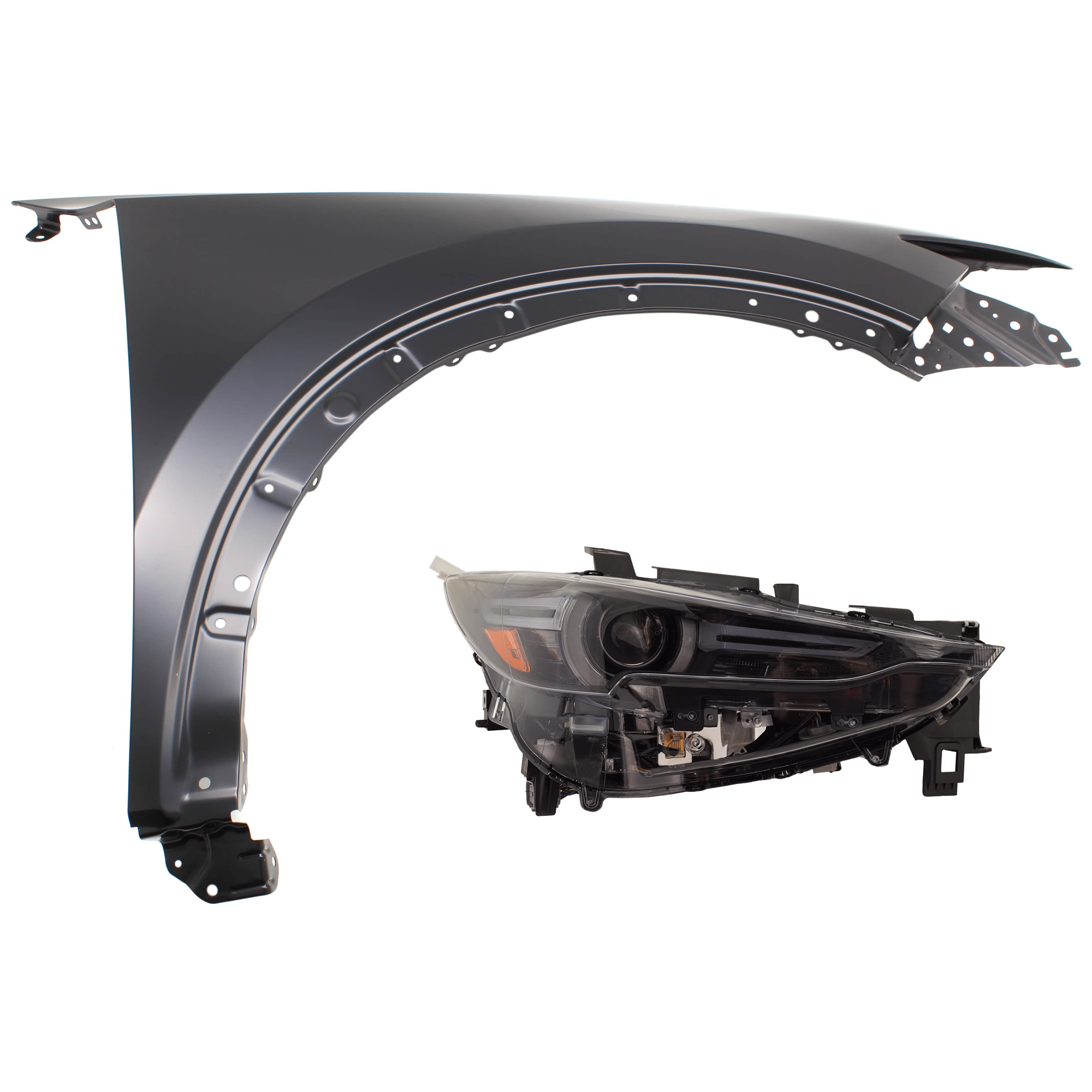 AM CX 5-17-20 HEAD LAMP RH 2 pc Kit includes Passenger Side Fender SKU KIT 013026-05 Partslink MA1241179 OEM KB7W52111 KL2L51031C