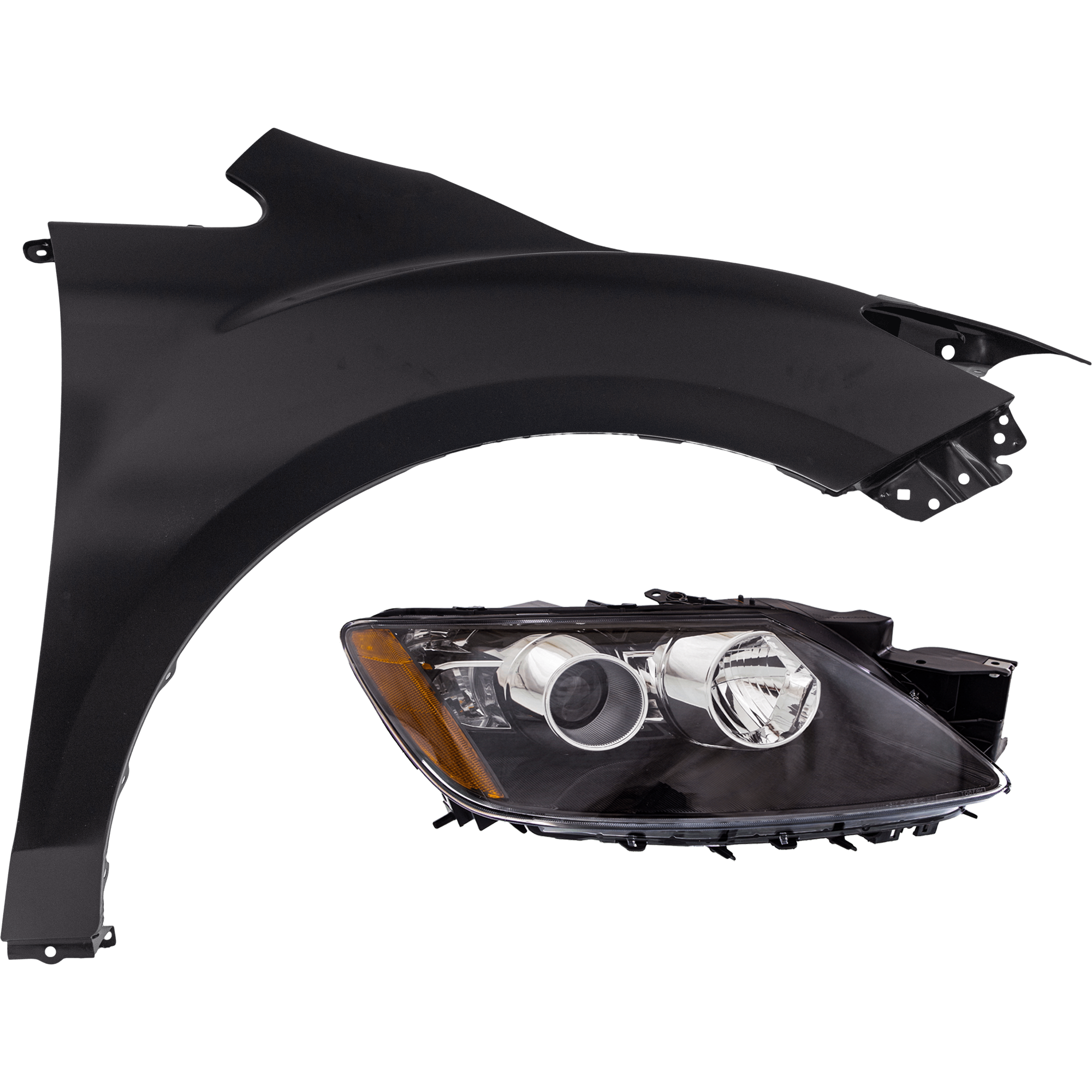 AM CX 7-12-12 HEAD LAMP RH 2 pc Kit includes Passenger Side Fender SKU KIT 013026-07 Partslink MA2519165 MA1241156 OEM EH4751031D EG2152110G