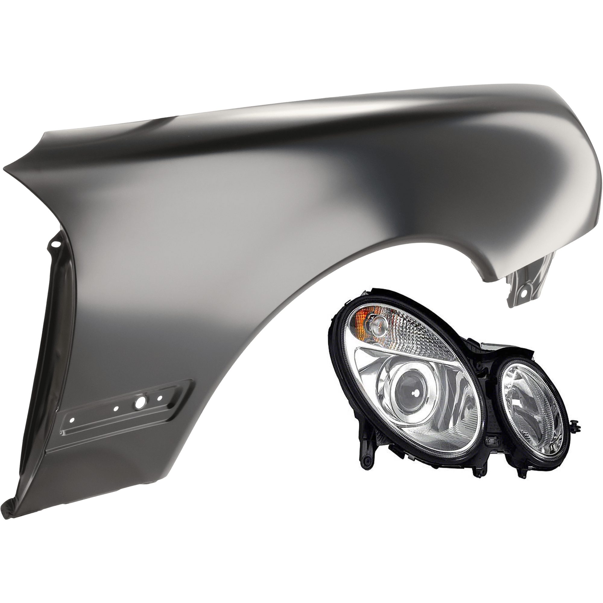 AM E320-03-03 HEAD LAMP RH 2 pc Kit includes Passenger Side Fender SKU KIT 013026-09 Partslink MB2503124 MB1241126 OEM 2118202461-2108801618