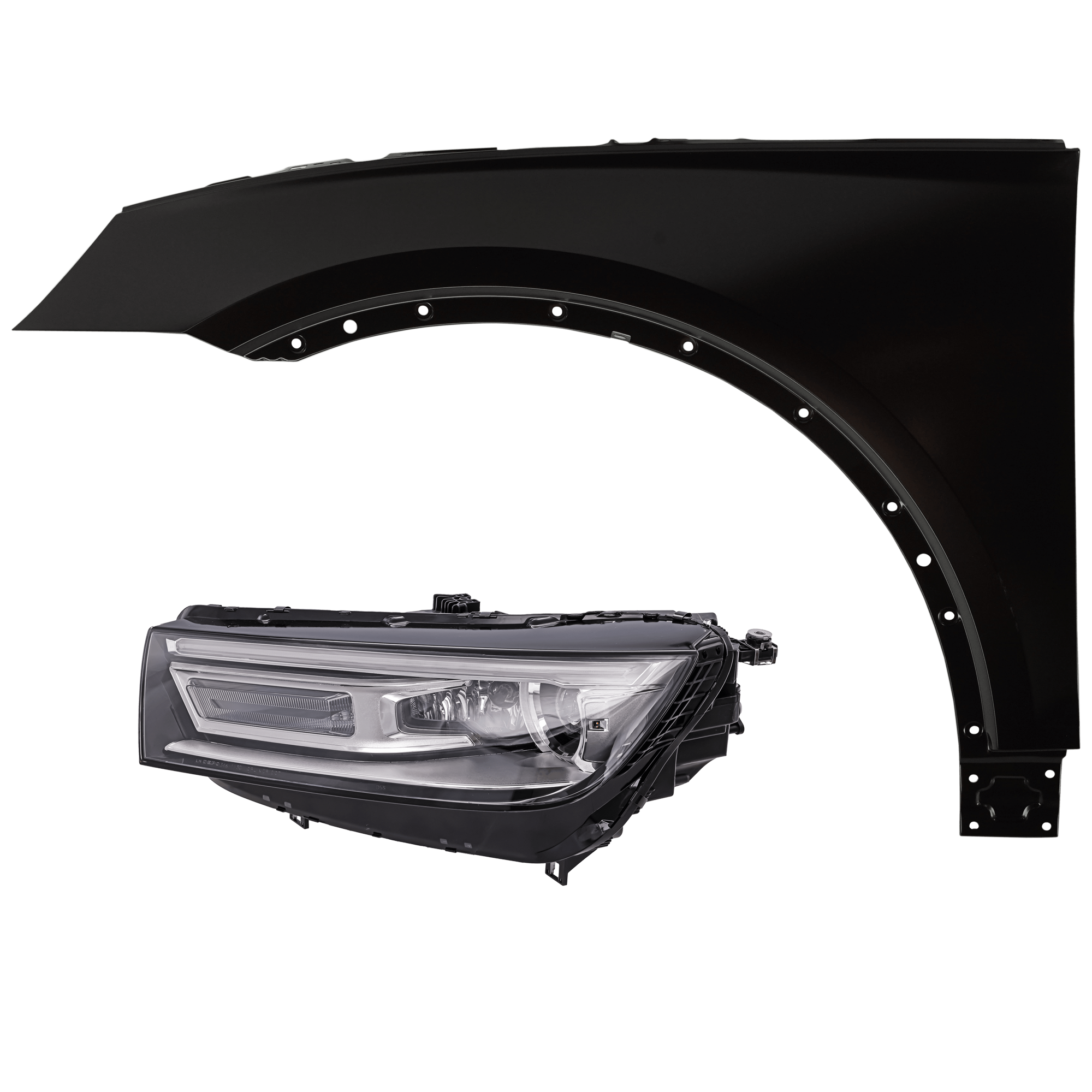 AM Q5 SQ5-18-20 HEAD LAMP LH 2 pc Kit includes Driver Side Fender SKU KIT 013026-105 Partslink AU1240141 OEM 80A821105ASTL 80A941043H