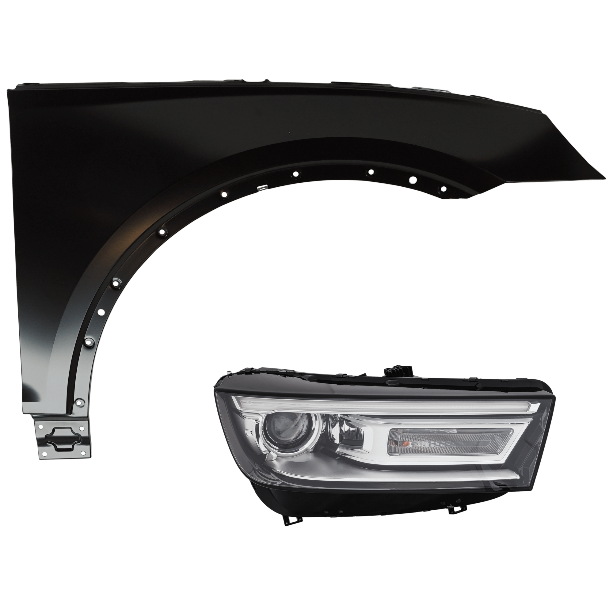 AM Q5 SQ5-18-20 HEAD LAMP RH 2 pc Kit includes Passenger Side Fender SKU KIT 013026-106 Partslink AU1241141 OEM 80A821106ASTL 80A941044H