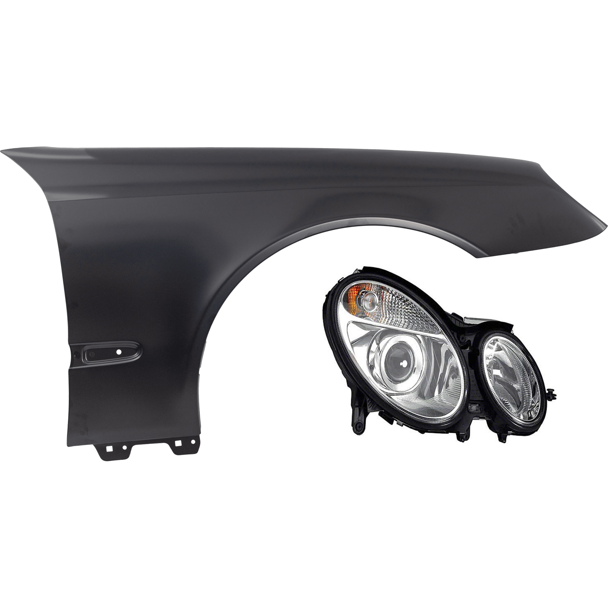 AM E CLASS 03-06 HEAD LAMP RH 2 pc Kit includes Passenger Side Fender SKU KIT 013026-10 Partslink MB2503124 MB1241129 OEM 2118202461-2118801418