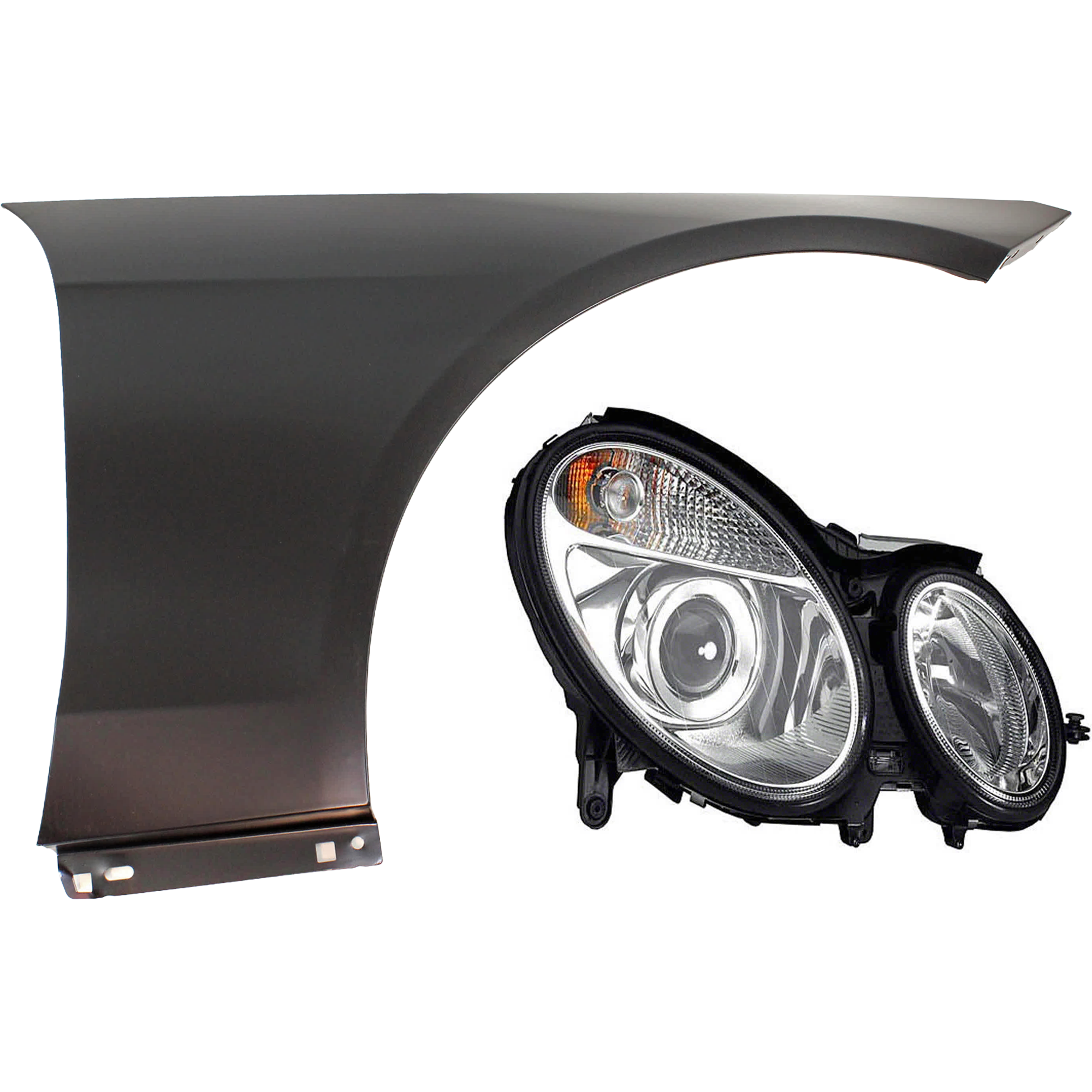 AM E CLASS 03-06 HEAD LAMP RH 2 pc Kit includes Passenger Side Fender SKU KIT 013026-11 Partslink MB2503124 MB1241131 OEM 2118202461-2118801418 PFM