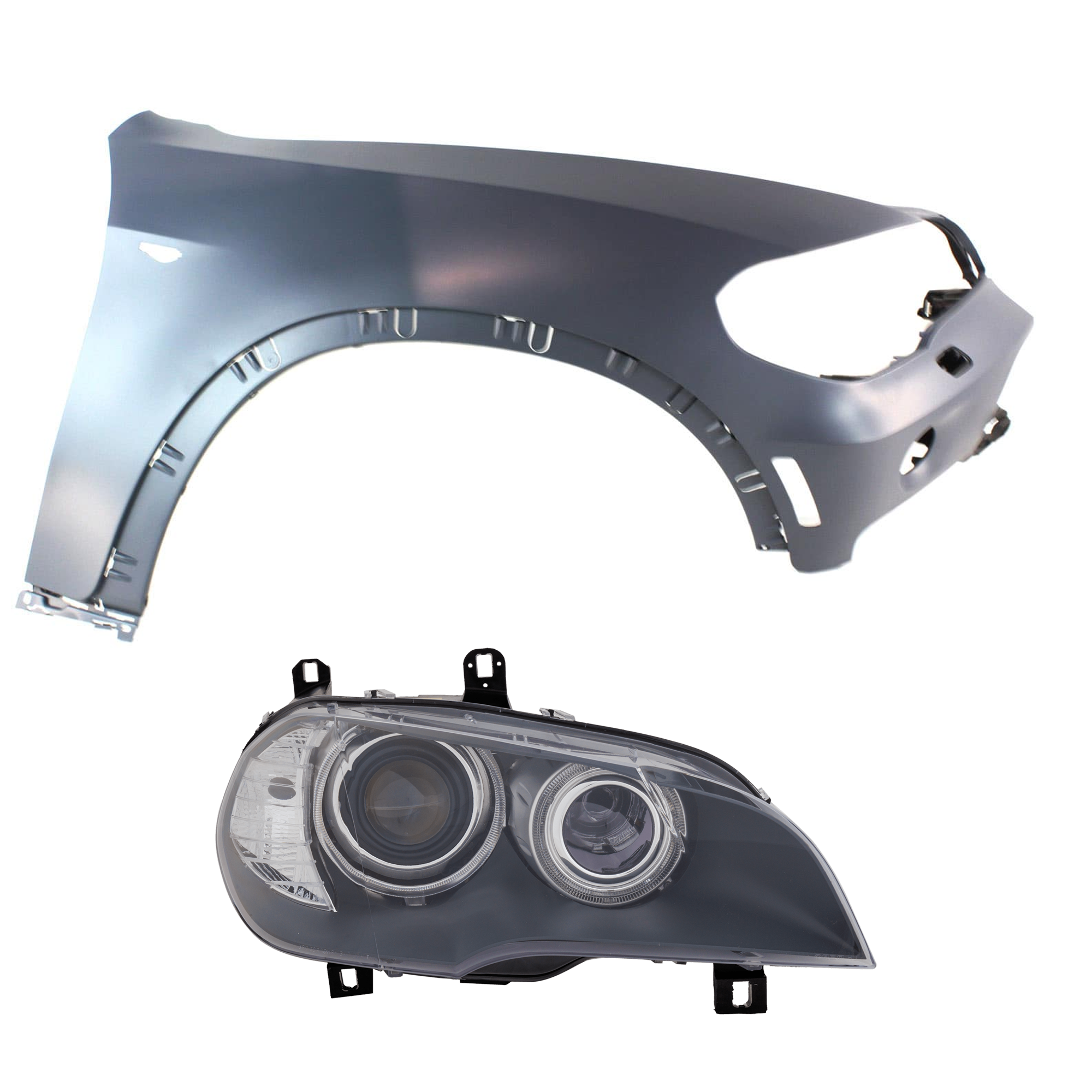 AM X5-07-10 HEAD LAMP RH 2 pc Kit includes Passenger Side Fender SKU KIT 013026-120 Partslink BM2519114 BM1241146 OEM 63117289002-51657178400