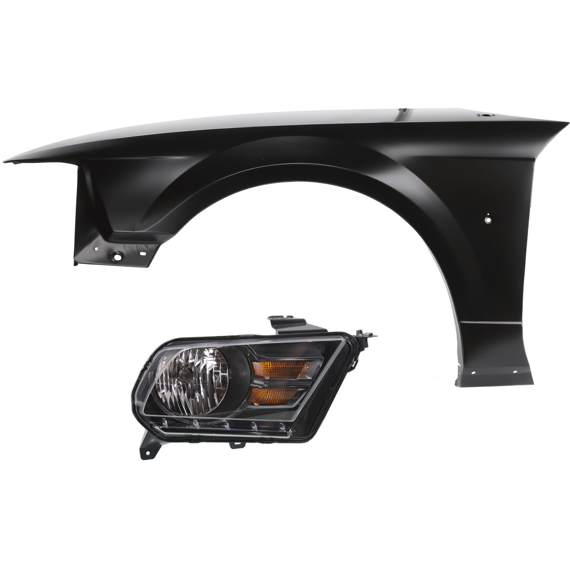 AM MUSTANG 10-14 HEAD LAMP RH 2 pc Kit includes Passenger Side Fender SKU KIT 013026-124 Partslink FO2503276 FO1241282 OEM AR3Z13008C AR3Z16005B