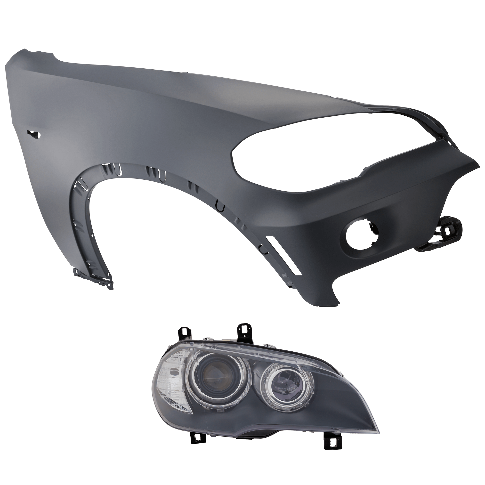 AM X5-07-10 HEAD LAMP RH 2 pc Kit includes Passenger Side Fender SKU KIT 013026-136 Partslink BM2519114 BM1241145 OEM 63117289002-51657178398