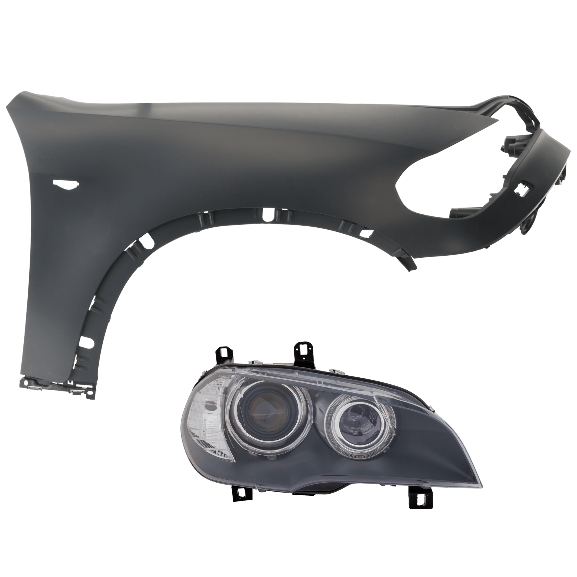 AM X5-11-13 HEAD LAMP RH 2 pc Kit includes Passenger Side Fender SKU KIT 013026-137 Partslink BM2519114 BM1241159 OEM 63117289002-51657222996
