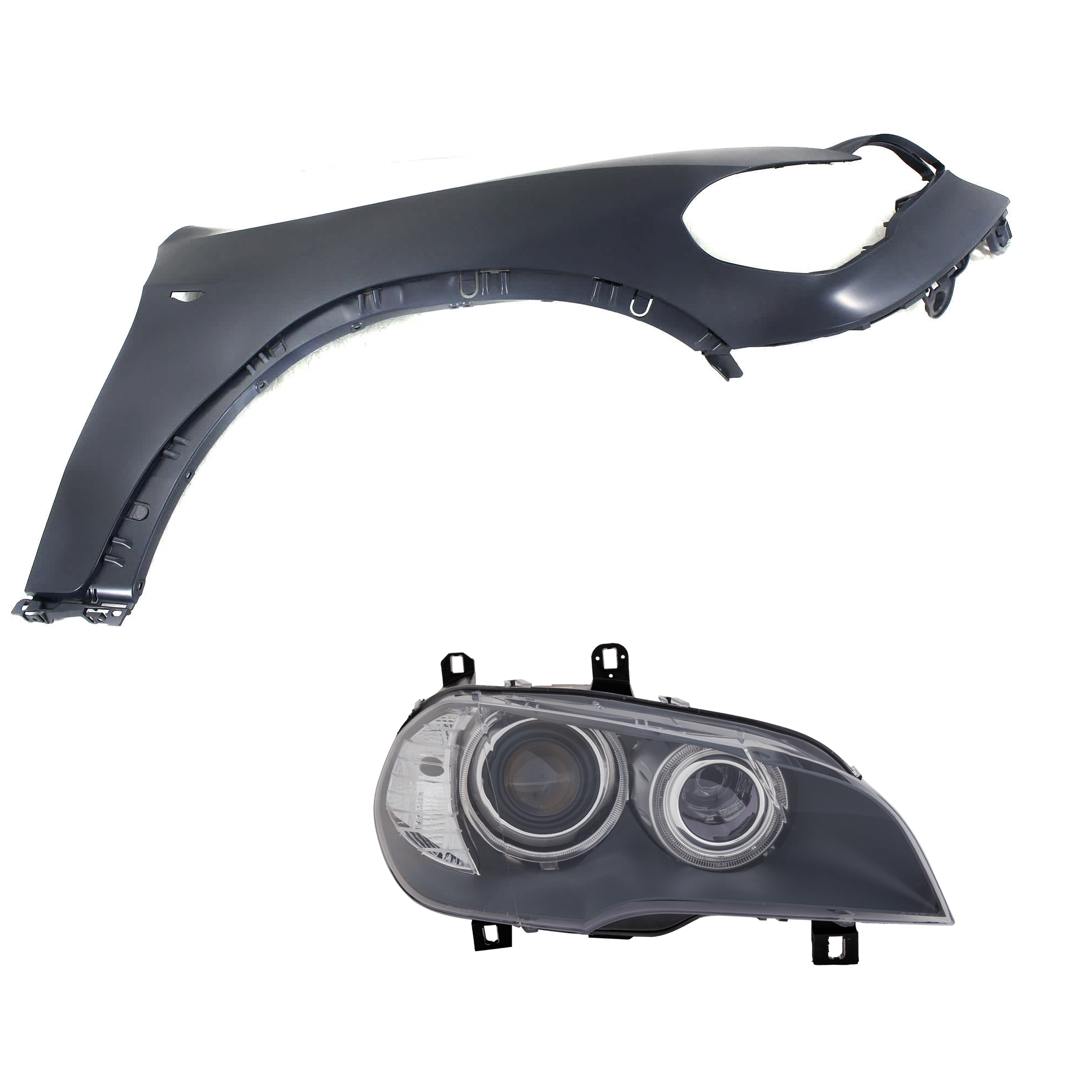 AM X5-11-13 HEAD LAMP RH 2 pc Kit includes Passenger Side Fender SKU KIT 013026-151 Partslink BM2519114 BM1241158 OEM 63117289002-51657222992