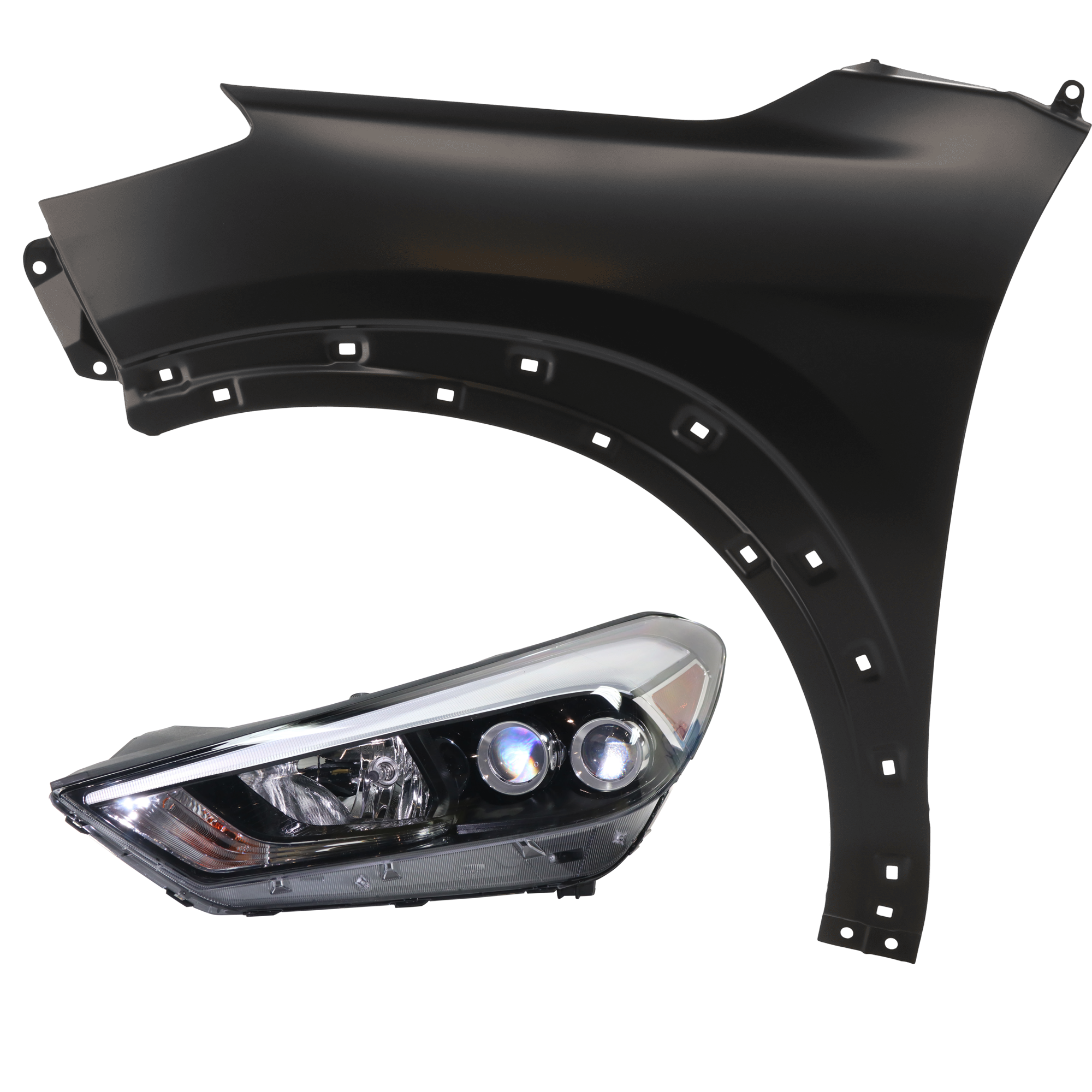 AM TUCSON 16-18 HEAD LAMP LH 2 pc Kit includes Driver Side Fender SKU KIT 013026-158 Partslink HY2502220 HY1240165 OEM 92101D3350-66311D3000