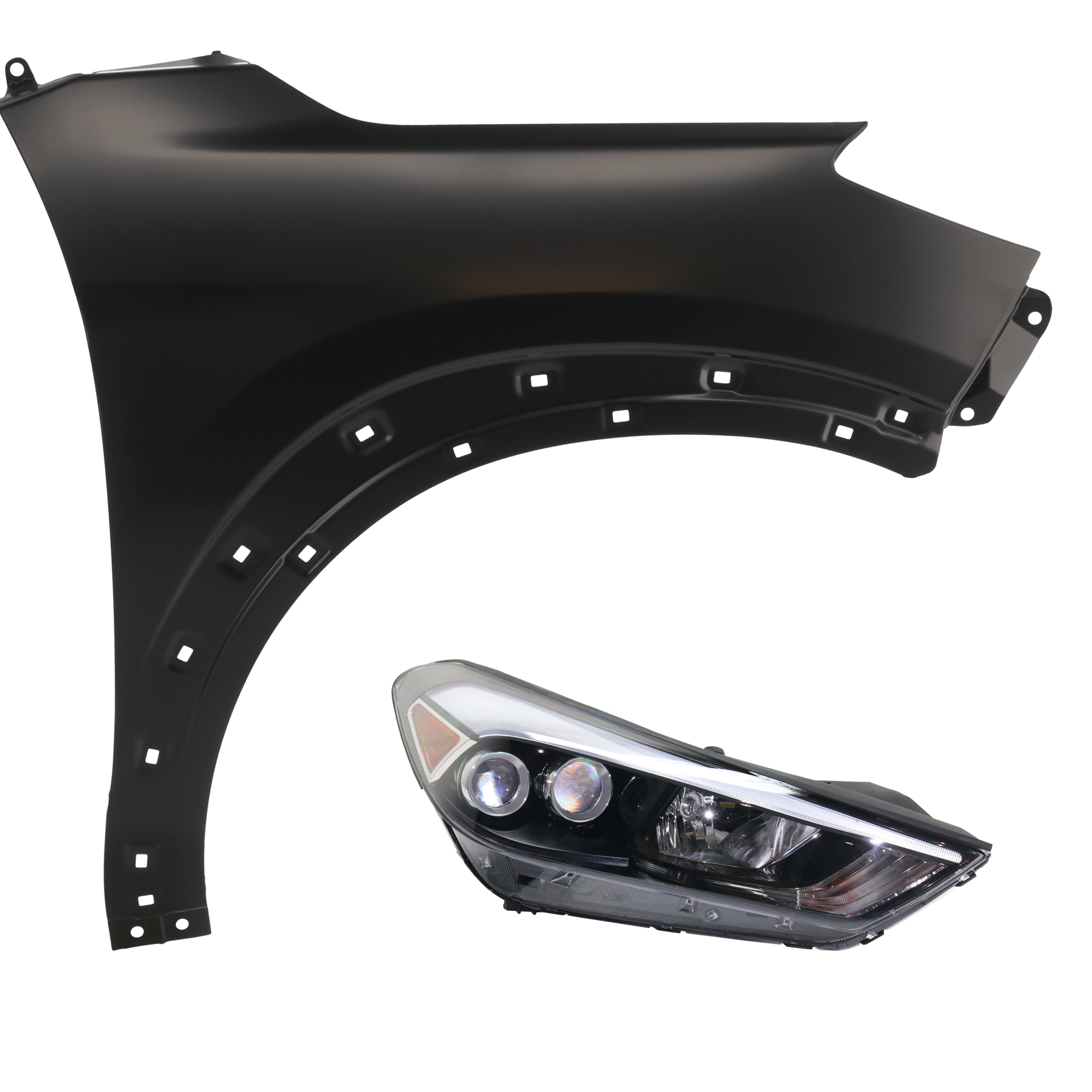 AM TUCSON 16-18 HEAD LAMP RH 2 pc Kit includes Passenger Side Fender SKU KIT 013026-159 Partslink HY2503220 HY1241165 OEM 92102D3350-66321D3000
