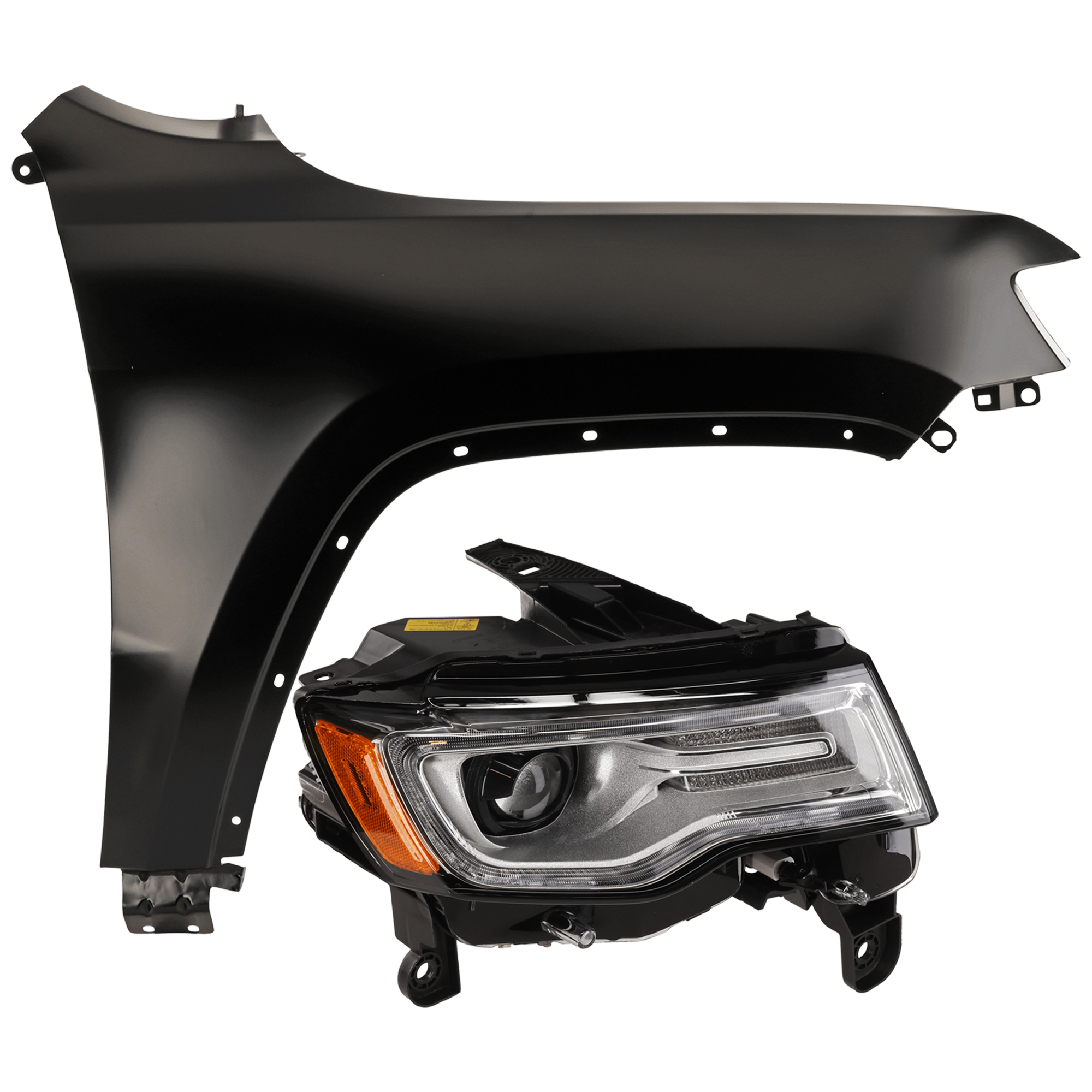 AM GRAND CHEROKEE 17-21 HEAD LAMP RH 2 pc Kit includes Passenger Side Fender SKU KIT 013026-165 Partslink CH2503315 CH1241272 OEM 68266660AI 55369596AF