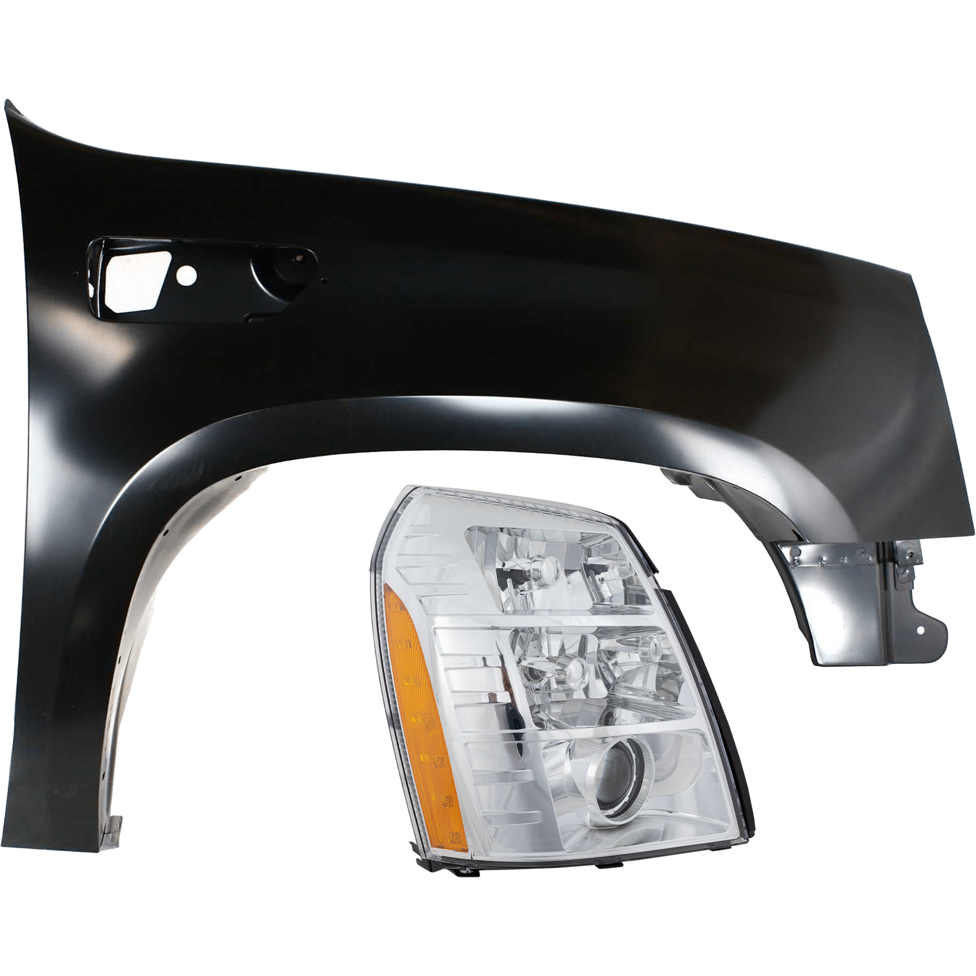 AM ESCALADE ESCALADE EXT 07-09 HEAD LAMP RH 2 pc Kit includes Passenger Side Fender CAPA SKU KIT 013026-16 Partslink GM1241338C GM2503291C OEM 22977480-25897649