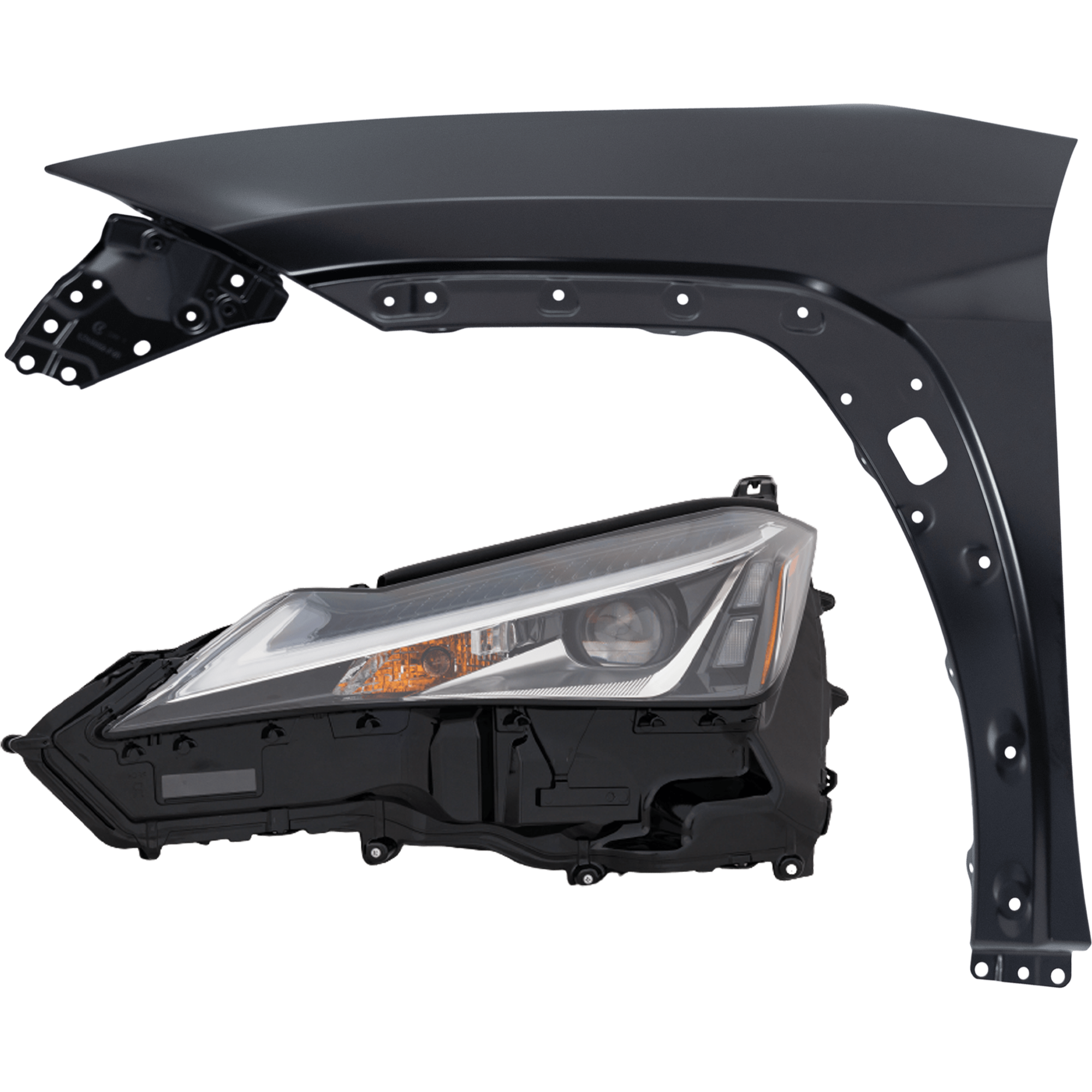 AM UX200 UX250H 19-22 HEAD LAMP LH 2 pc Kit includes Driver Side Fender SKU KIT 013026-204 Partslink LX2502189 LX1240142 OEM 8118576231-8118576230-53802760