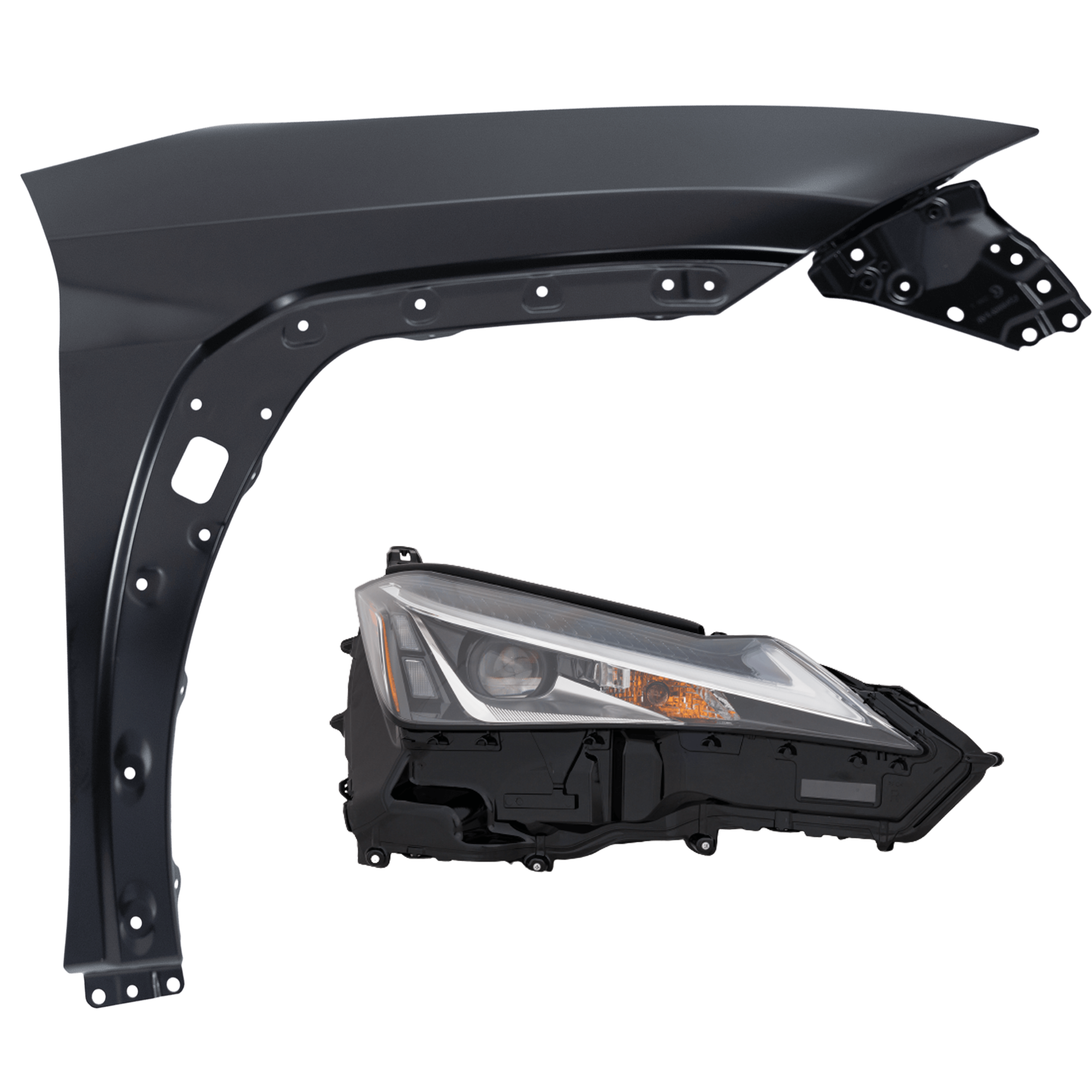 AM UX200 UX250H 19-22 HEAD LAMP RH 2 pc Kit includes Passenger Side Fender SKU KIT 013026-205 Partslink LX2503189 LX1241142 OEM 8114576231-8114576230-53801760