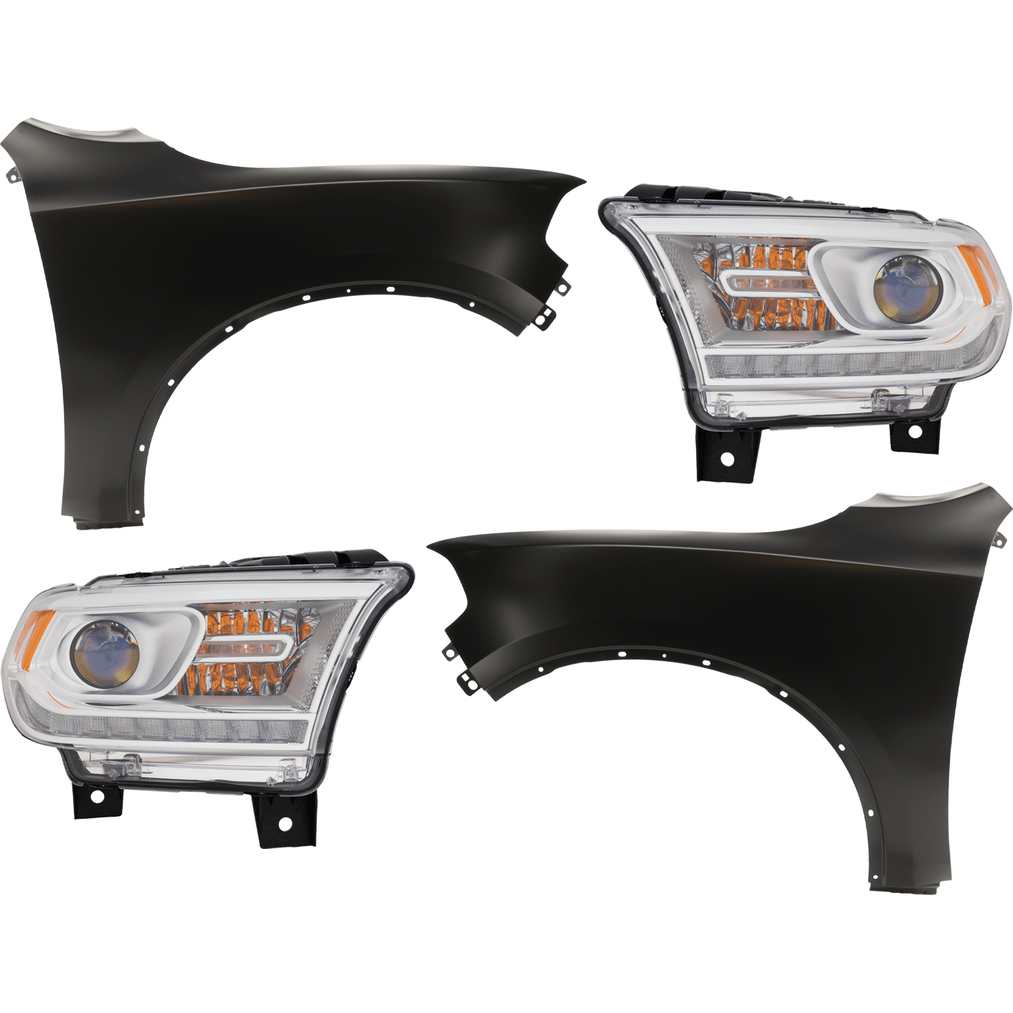AM DURANGO 16-20 HEAD LAMP RH AND LH 4 pc Kit includes Driver and Passenger Side Fender CAPA SKU KIT 013026-214 Partslink CH1240273C CH1241273C CH2502306C CH2503306C OEM 55369734AD 55369734AC 55369735