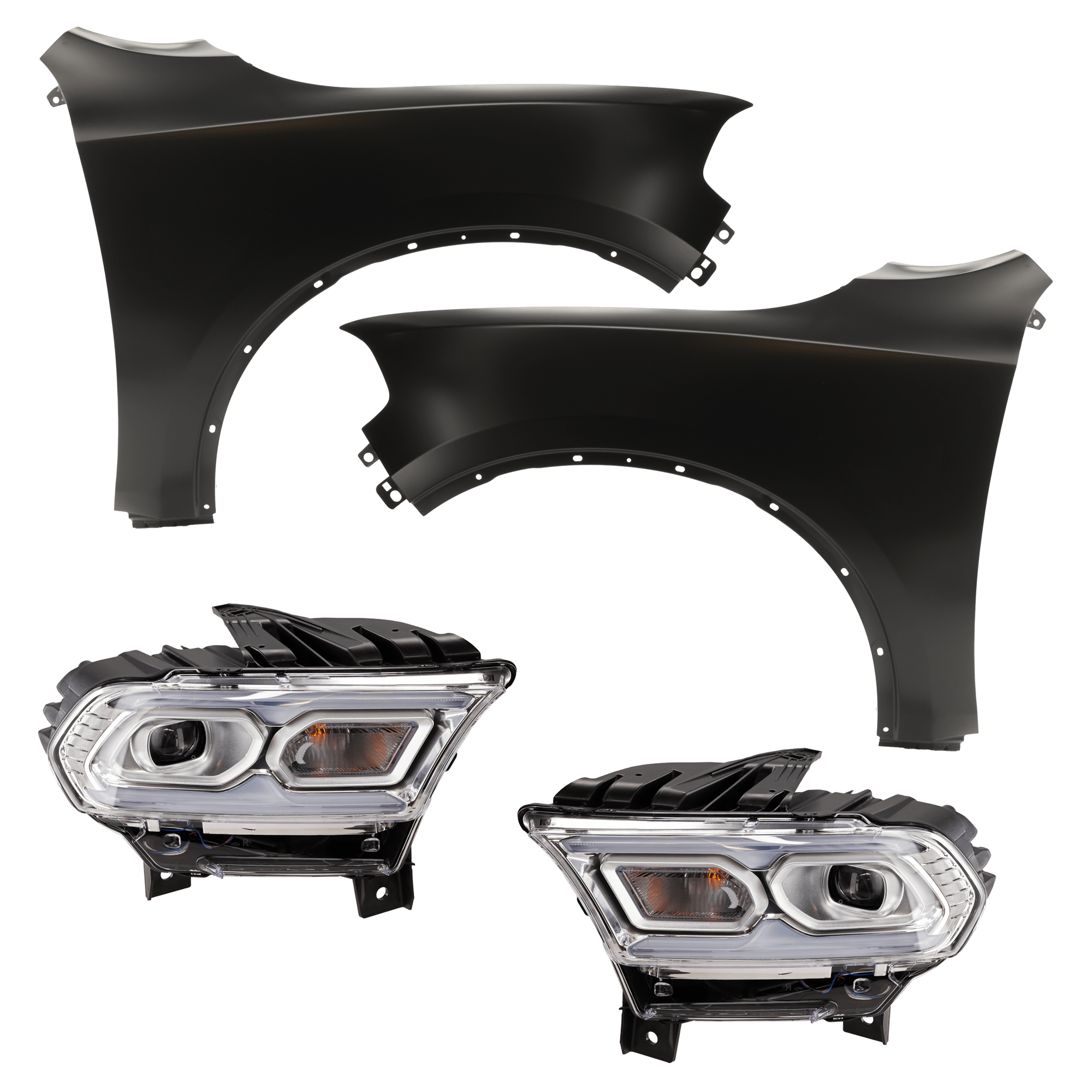 AM DURANGO 21-24 HEAD LAMP RH AND LH 4 pc Kit includes Driver and Passenger Side Fender CAPA SKU KIT 013026-215 Partslink CH1240273C CH1241273C CH2502343C CH2503343C OEM 55369734AD 55369734AC 55369735