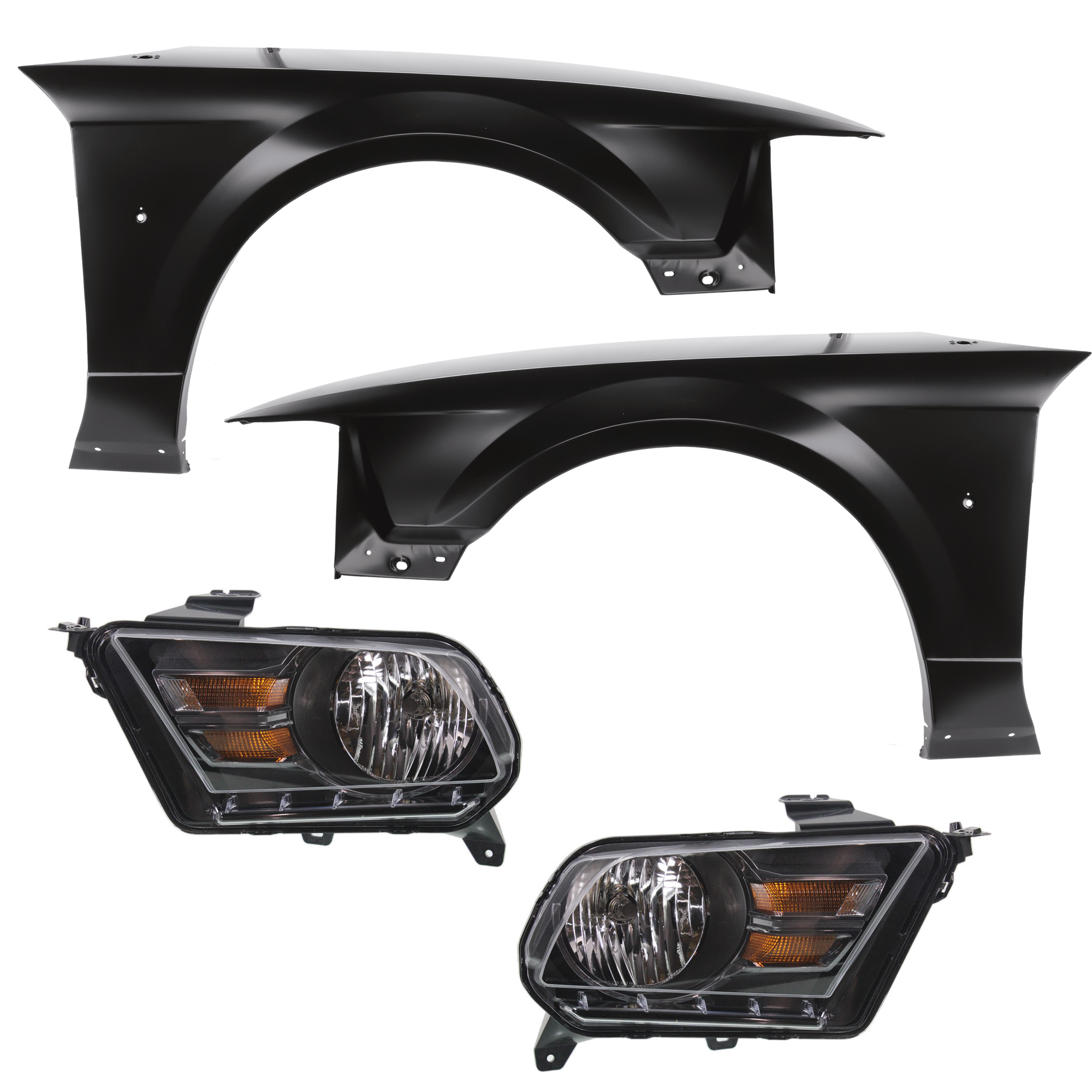 AM MUSTANG 10-14 HEAD LAMP RH AND LH 4 pc Kit includes Driver and Passenger Side Fender SKU KIT 013026-219 Partslink FO2502276 FO2503276 FO1241282 FO1240282 OEM AR3Z13008C AR3Z13008D AR3Z1600